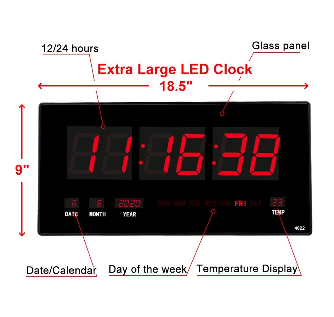 18.5 Inch Large Oversized LED Digital Clock with Temperature & Calendar Display - Date, Day of Week - Electric Wall/Desk Mounted Timer (Red) - Perfect for Home, Office, Bedroom, Kitchen & Classroom Decor