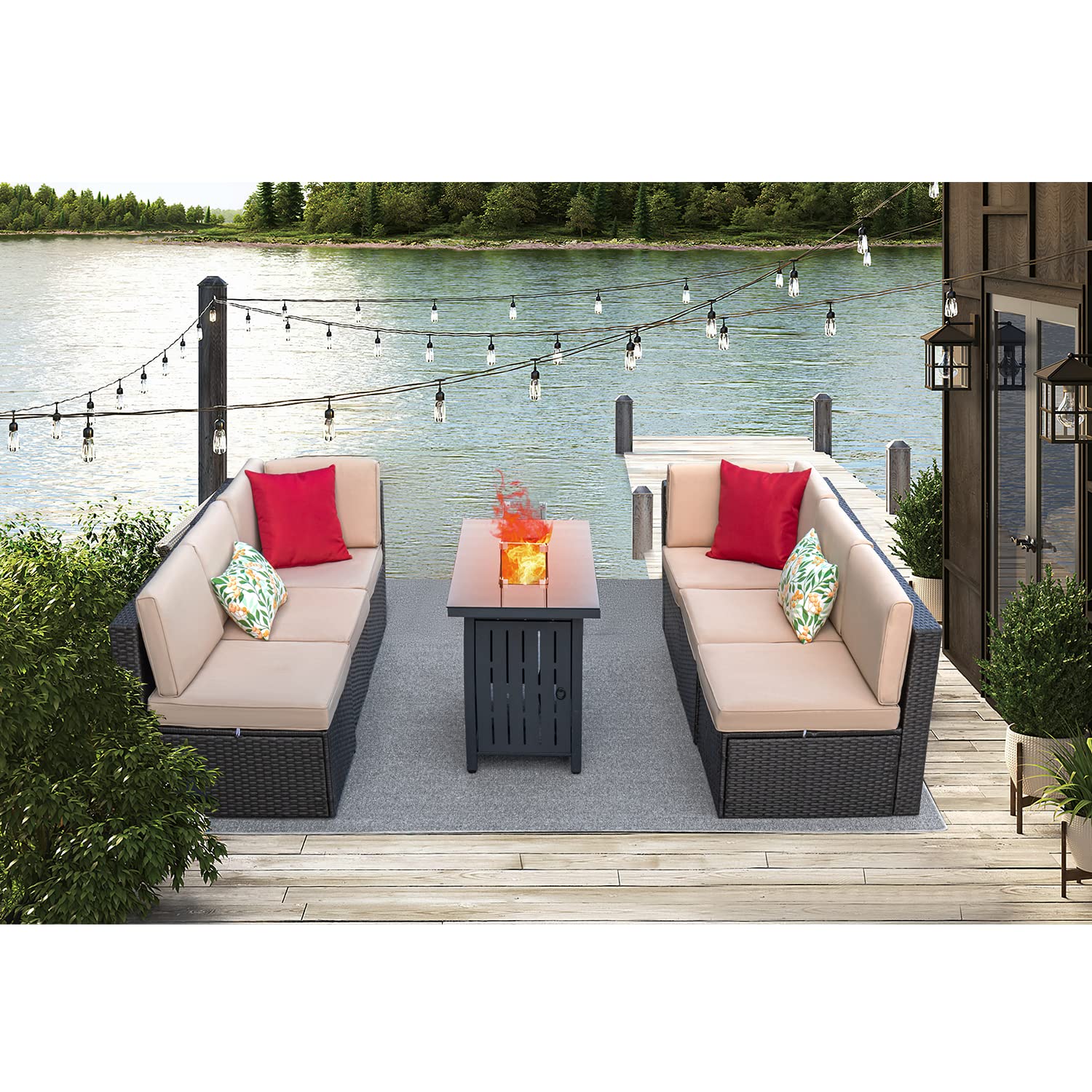 Devoko 7-Piece Outdoor Patio Furniture Set - Waterproof Wicker Sectional Sofa with Fire Pit Table & Cushions - Beige Patio Conversation Set for Backyard, Garden, Poolside & Outdoor Living Spaces
