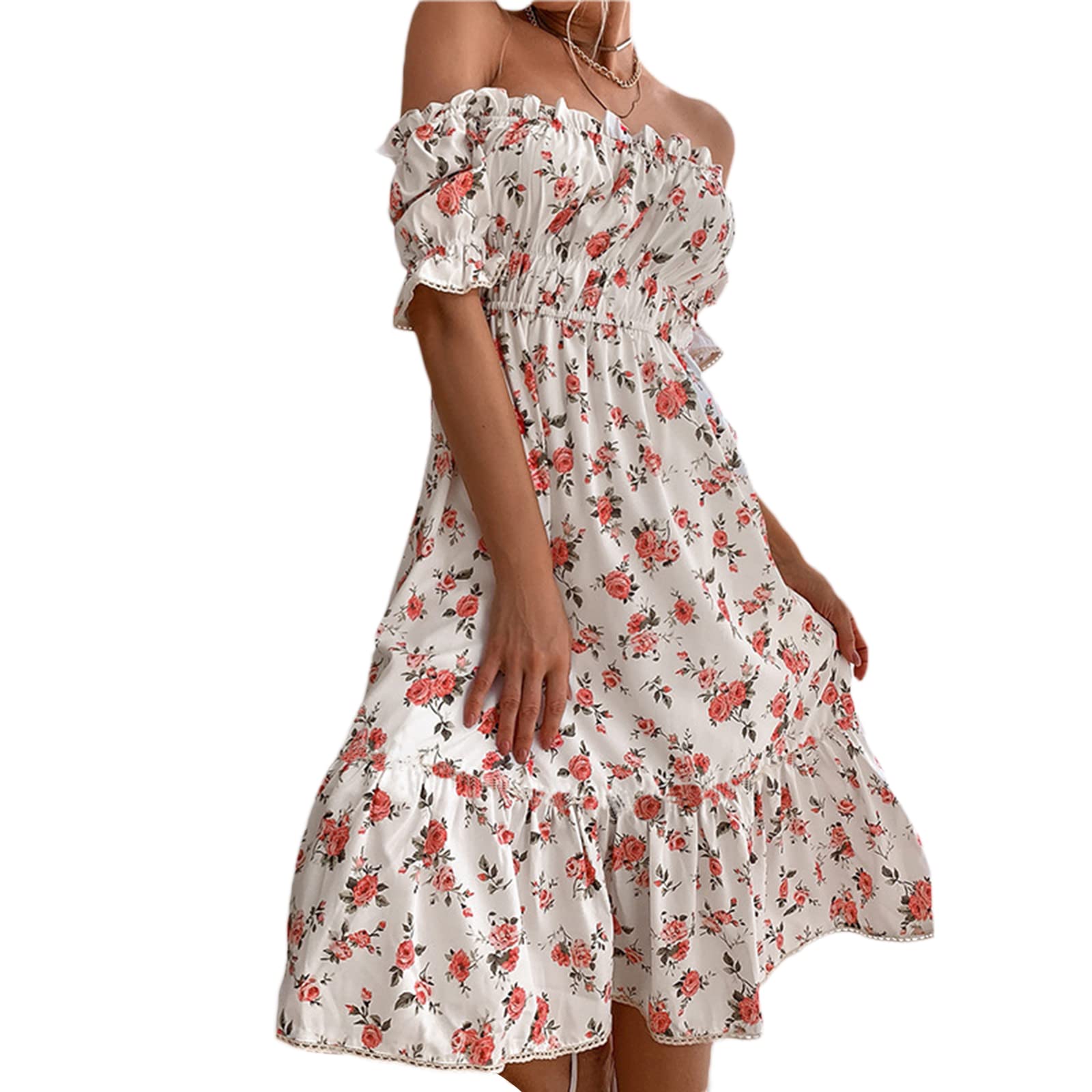 Boho Floral Print Midi Dress for Women - Vintage Square Neck Ruffles Long Bohemian Dress for Beach Vacation & Summer Outings | Perfect for Casual Wear, Date Nights & Festivals