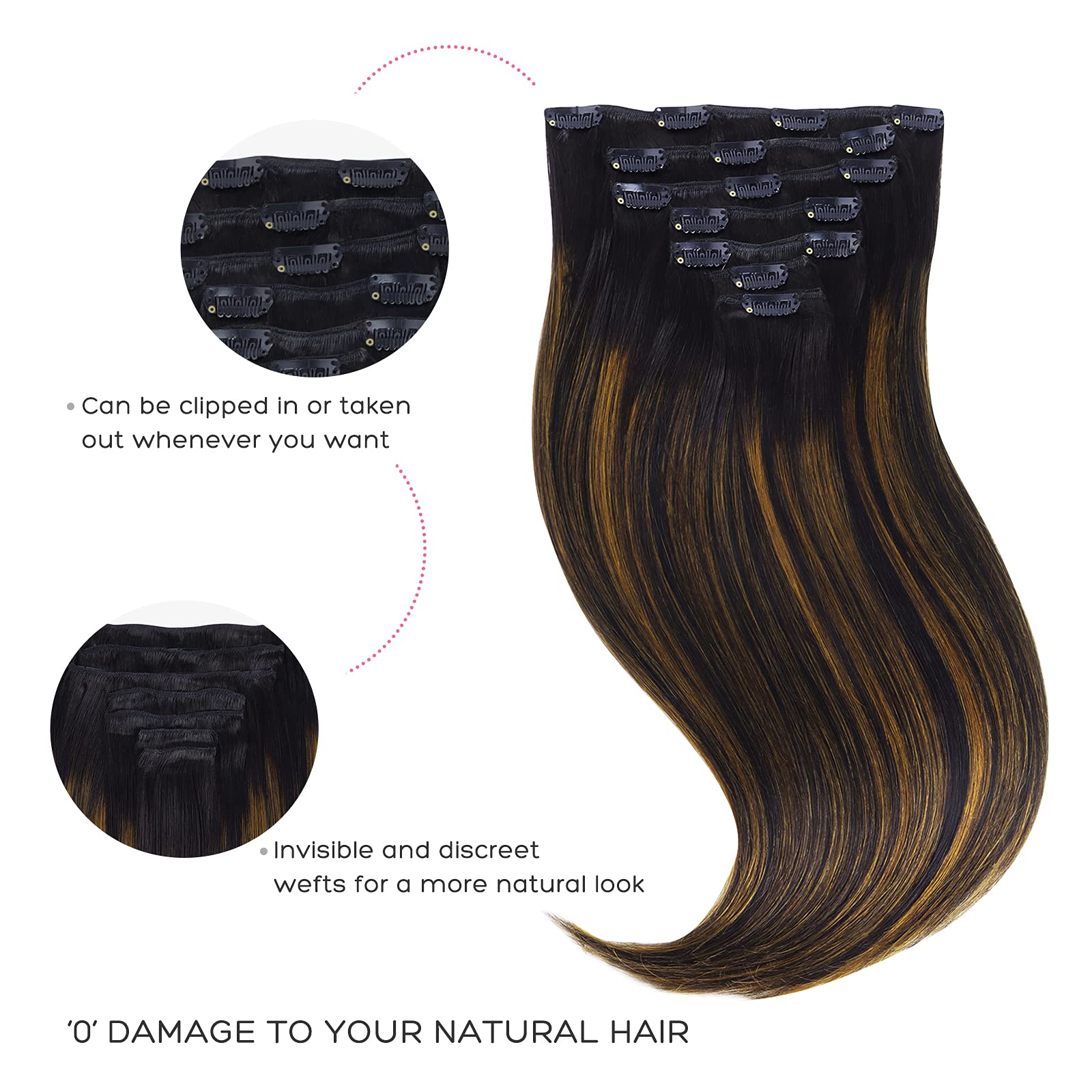 Marat Clip in Human Hair Extensions 22 Inch - 120g Straight Natural Black Mixed Chestnut Brown Hair Extensions for Women - Perfect for Daily Wear, Parties & Special Occasions