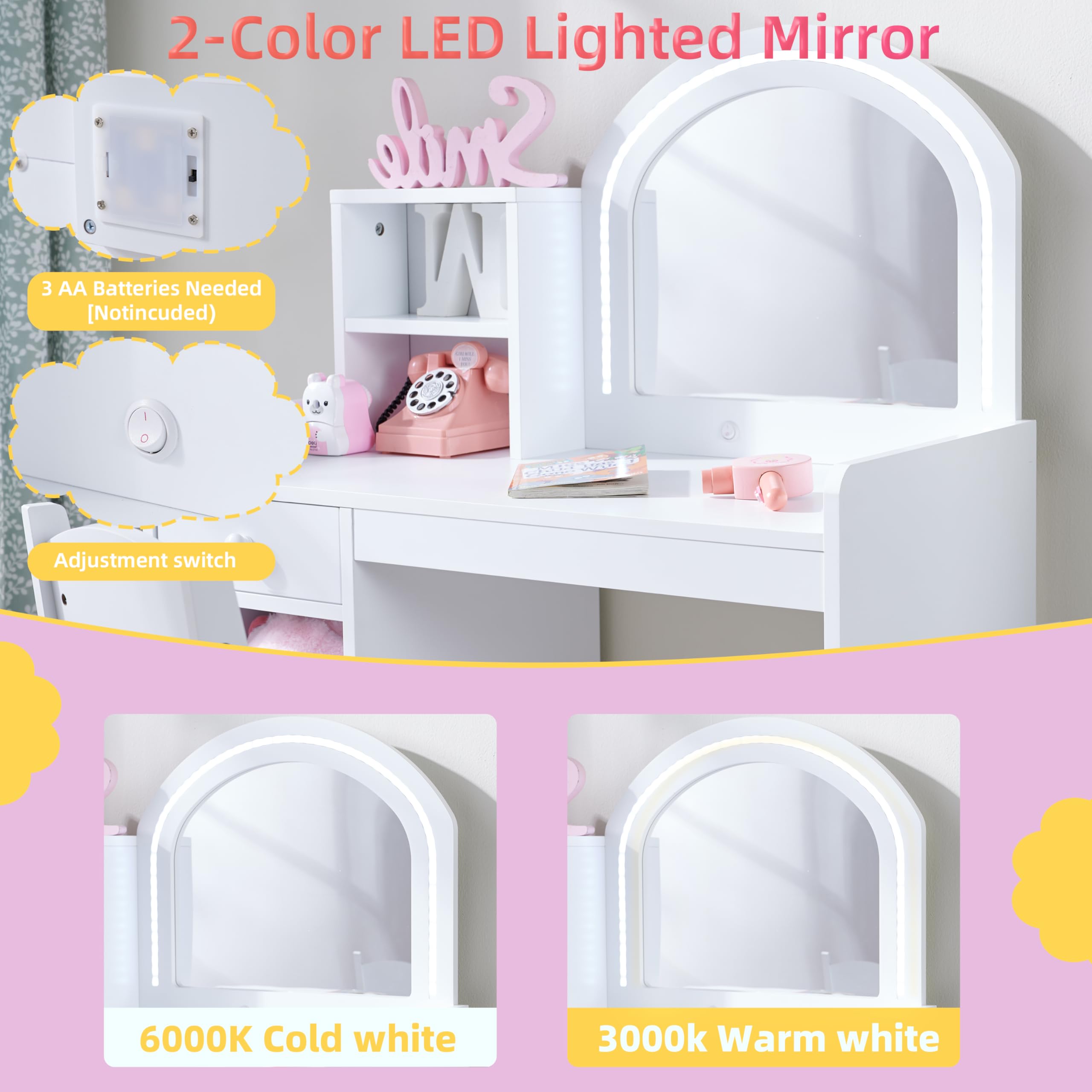 **Princess Vanity Set for Girls with Lights & Storage - 2-in-1 Toddler Makeup Vanity with Lighted Mirror, Drawer & Stool - Perfect for Kids' Room Decor & Pretend Play (White)**