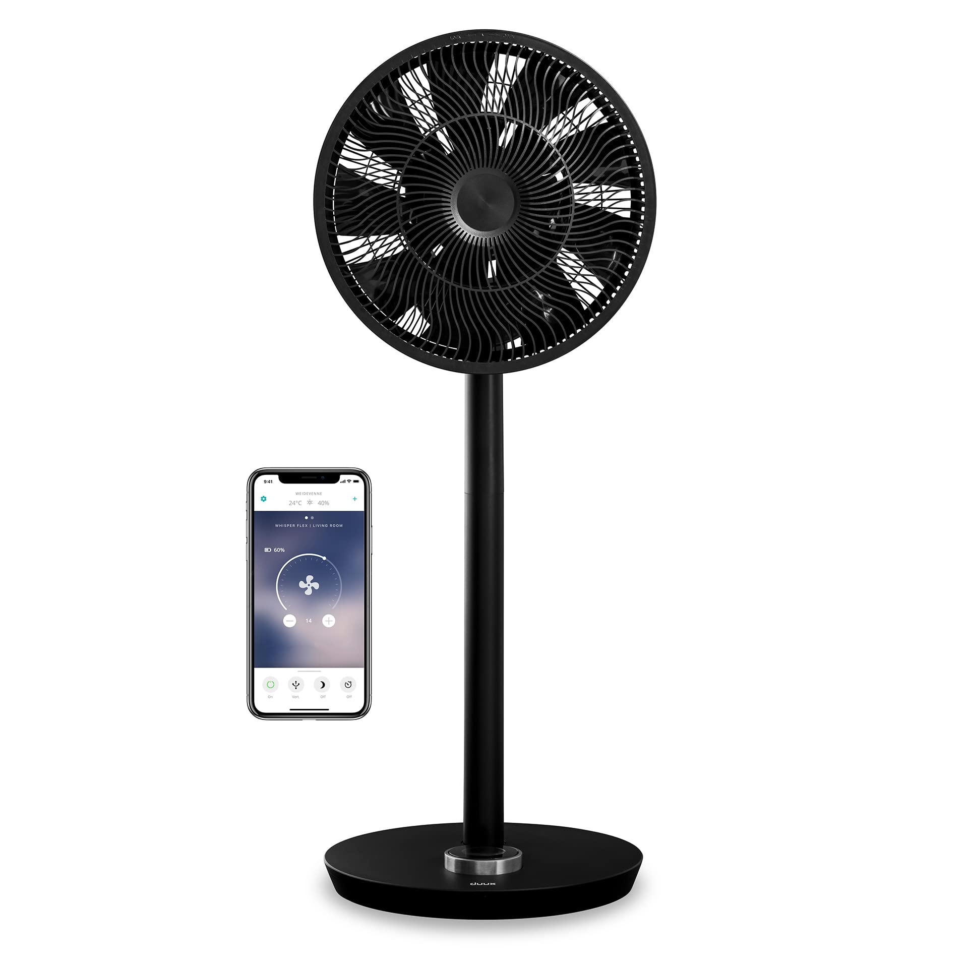 Duux Whisper Flex Smart Standing Fan - 26 Speeds, Remote Control, Night Mode, Timer - Black | Perfect for Bedroom, Living Room & Office Cooling