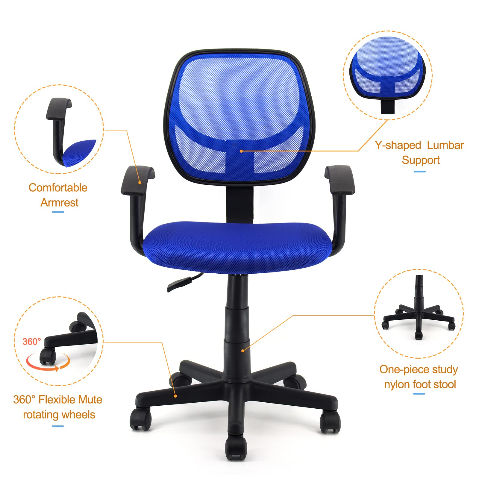 Ergonomic Mid Back Mesh Office Chair with Wheels & Adjustable Arms - Black & Blue - Perfect for Home Office, Gaming & Computer Workstations