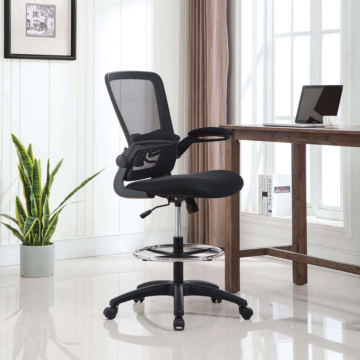 Ergonomic Mesh Drafting Chair for Standing Desk - Breathable High Back Office Chair with Lumbar Support, Adjustable Height & Flip-Up Arms, Foot Ring - Black | Perfect for Architects, Designers & Home Office Workspaces