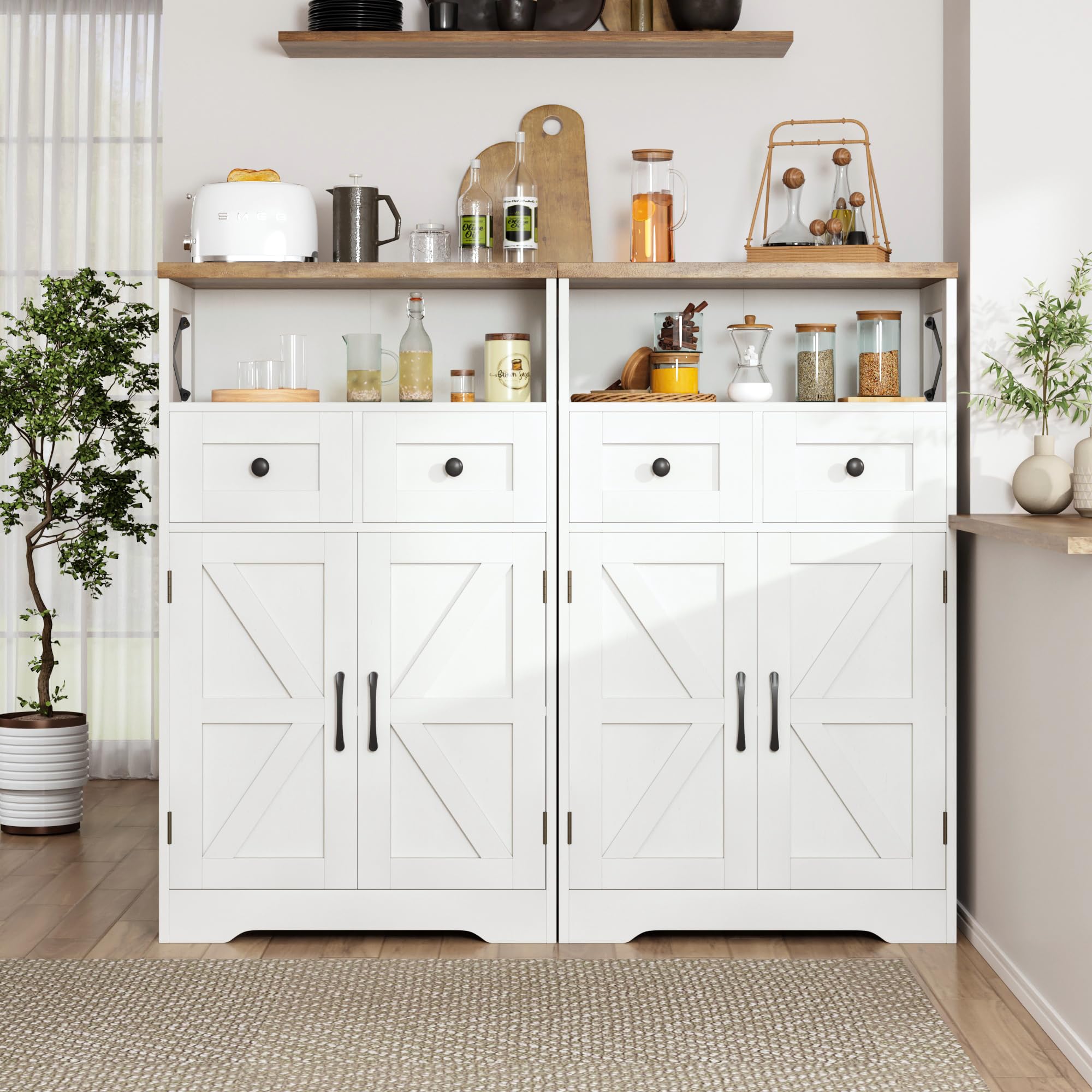 Farmhouse White Storage Cabinet with Doors and Drawers - Freestanding Kitchen Pantry Organizer, Floor Cabinet Hutch for Kitchen, Laundry, Living Room & Bedroom - Perfect for Home Organization and Stylish Storage Solutions