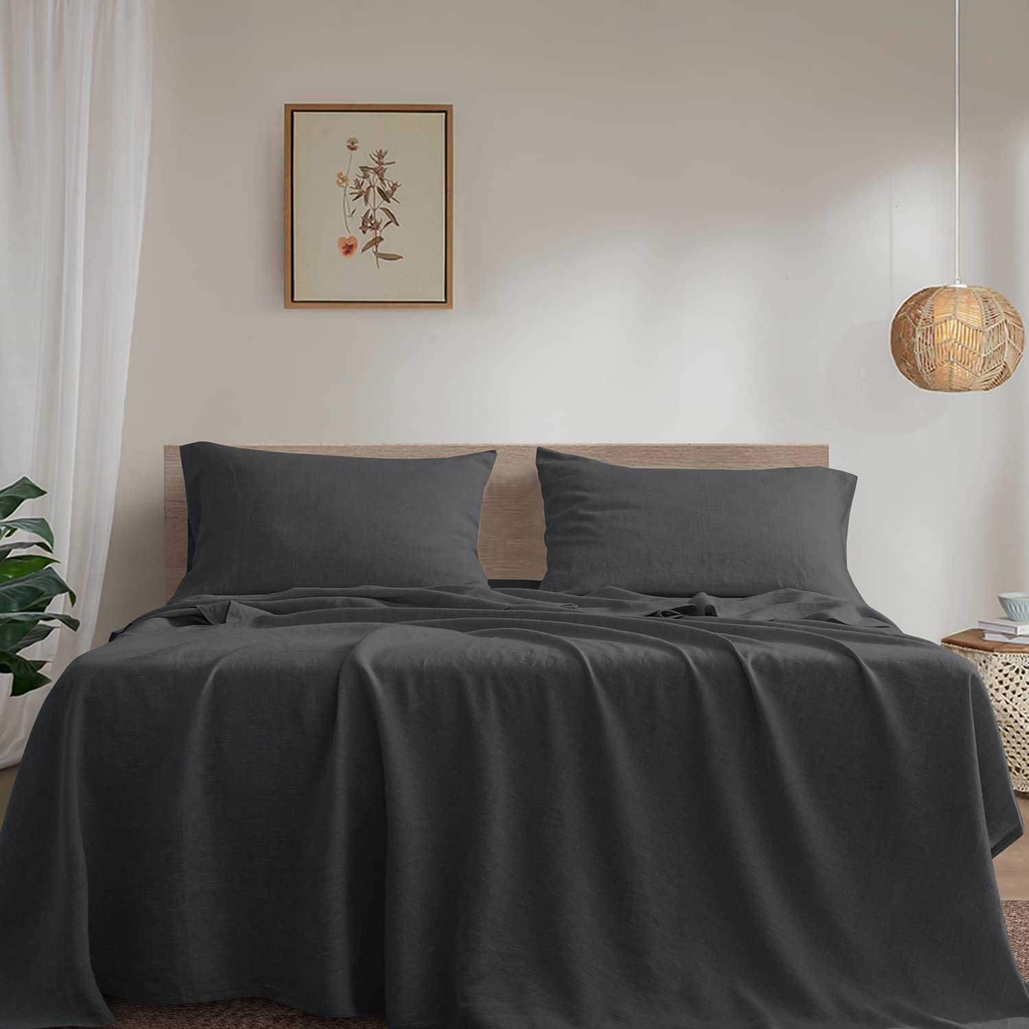 Premium 100% French Washed Linen Sheet Set Queen Size - 4-Piece Natural Flax Bedding | Breathable, Durable & Hypoallergenic | Dark Grey Luxury Bed Sheets for All-Season Comfort (Bedroom, Guest Room, Vacation Home)