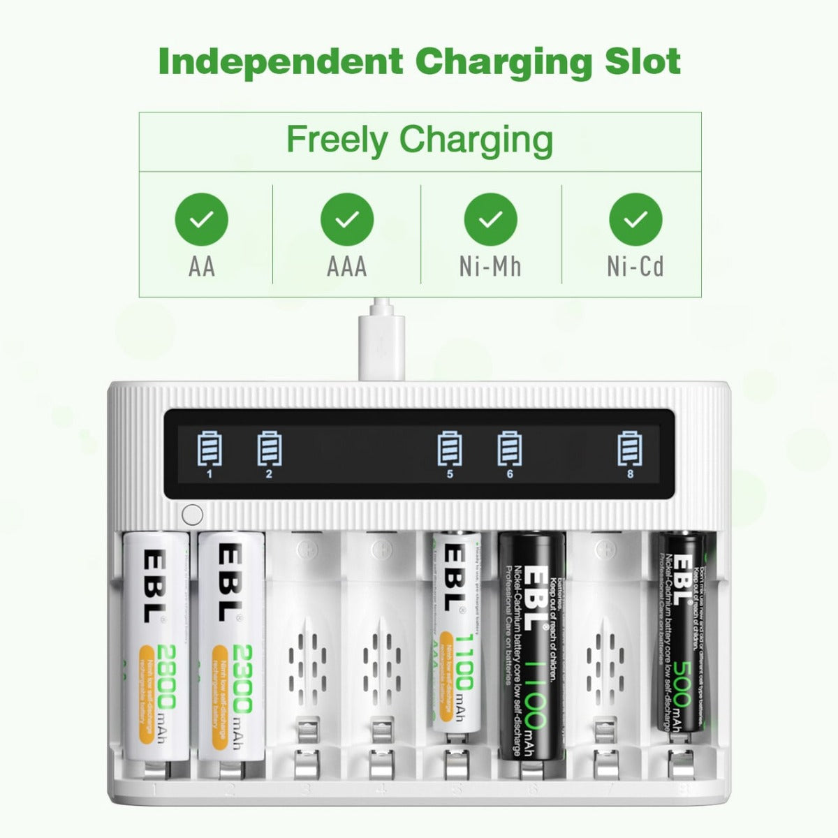 EBL FY 809 8 Bay LCD Smart Battery Charger for AA AAA NiMH NiCD Rechargeable Batteries - Perfect for Home, Office, and Travel Use with Digital Display