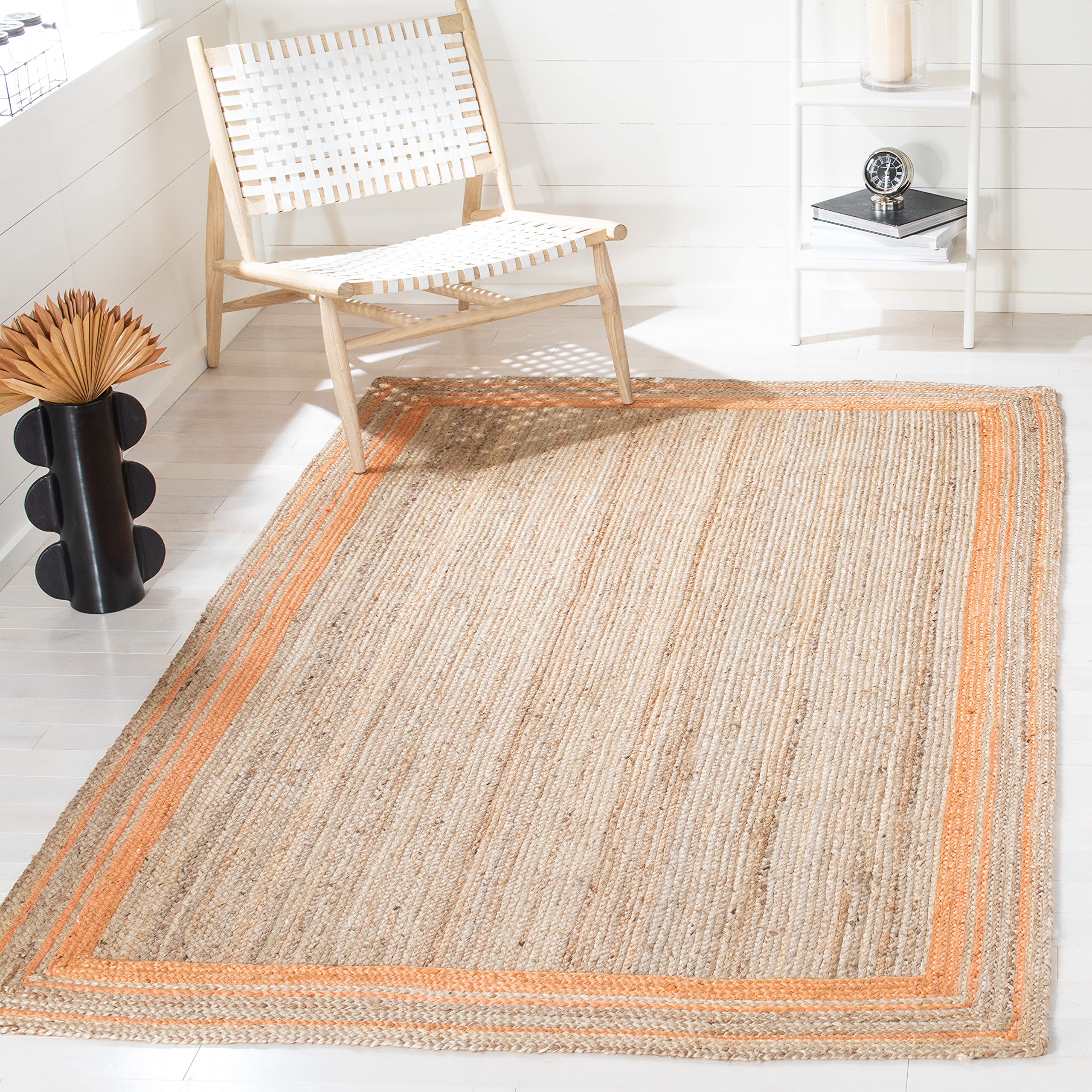 SAFAVIEH Natural Fiber Collection Handmade Jute Area Rug - 8' x 10', Orange & Natural, Farmhouse Style with Border, Durable for High Traffic Areas | Perfect for Living Room, Bedroom, Dining Room & Home Decor (NF109P)