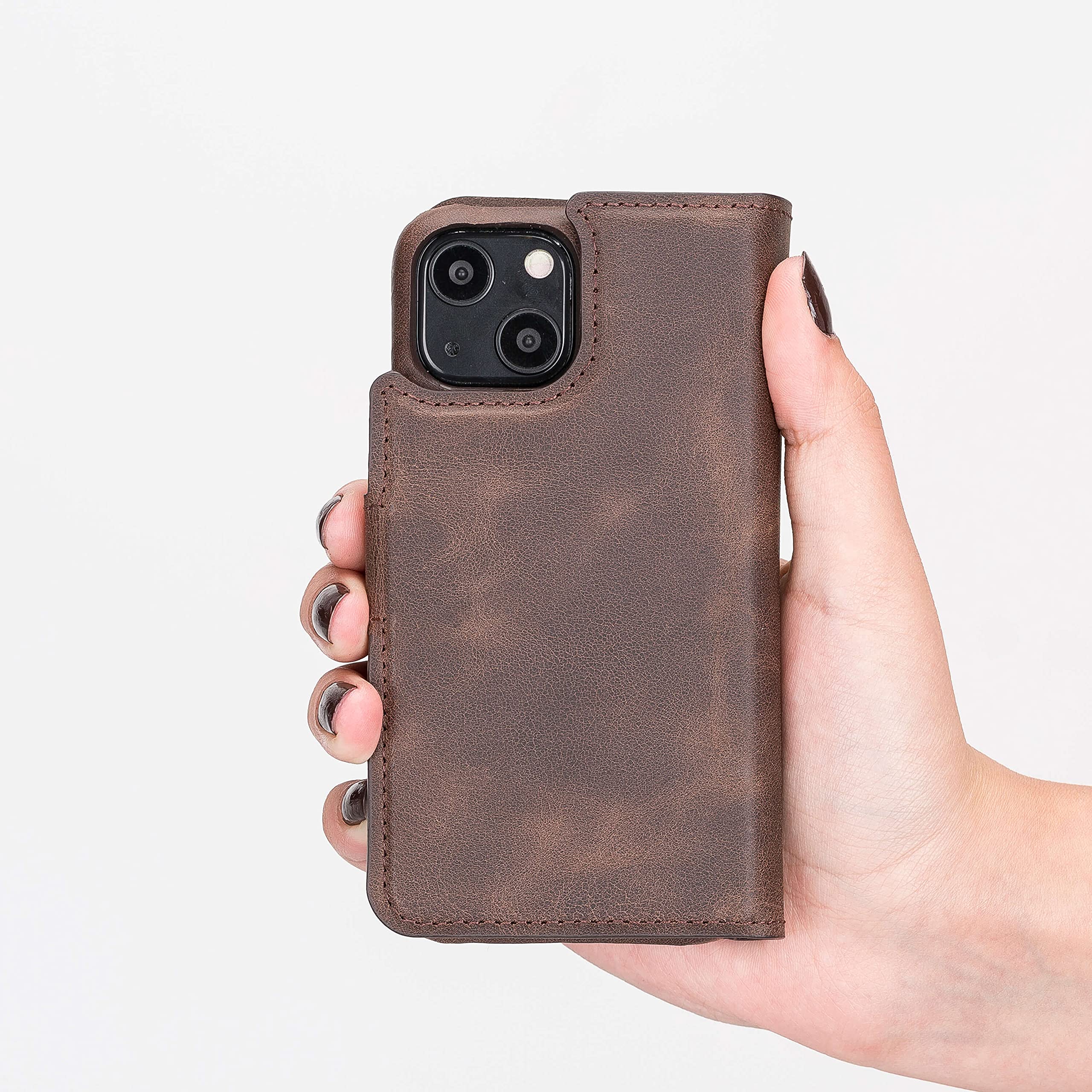 Venito Florence Genuine Leather Wallet Phone Case for iPhone 13 (6.1 Inch) - RFID Blocking Protection - Detachable Card Holder - Coffee Brown - Perfect for Travel, Work & Everyday Use