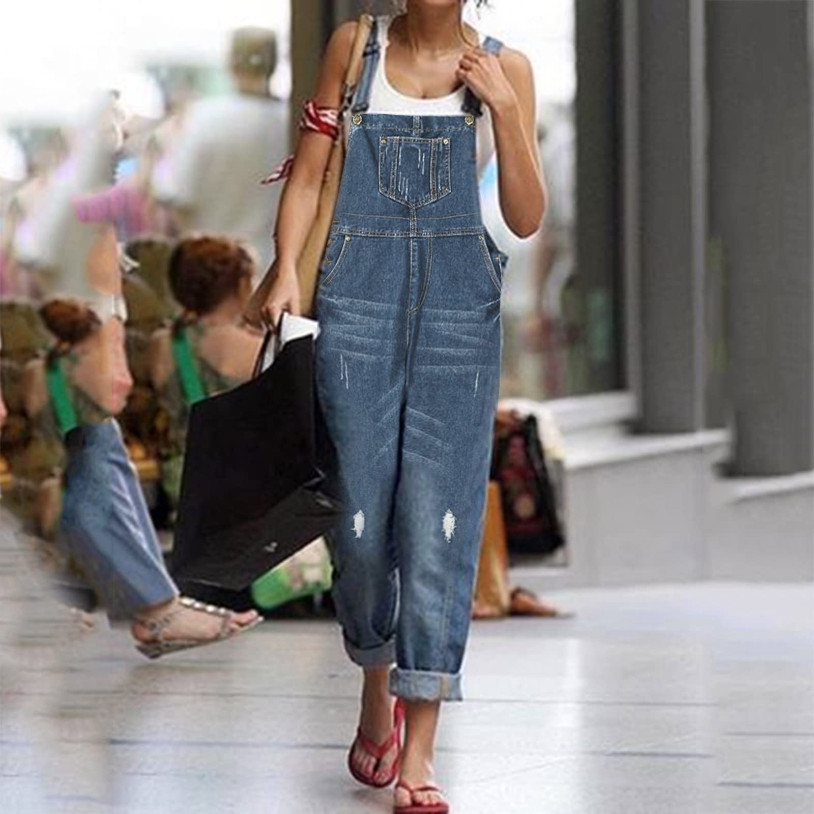 2024 Women's Denim Overalls - Loose Fit Wide Leg Bib Stretch Baggy Jeans Jumpsuit | Comfortable Dark Wash Jean Jacket for Women (Blue, Size M) | Perfect for Casual Outings, Workwear & Street Style Fashion