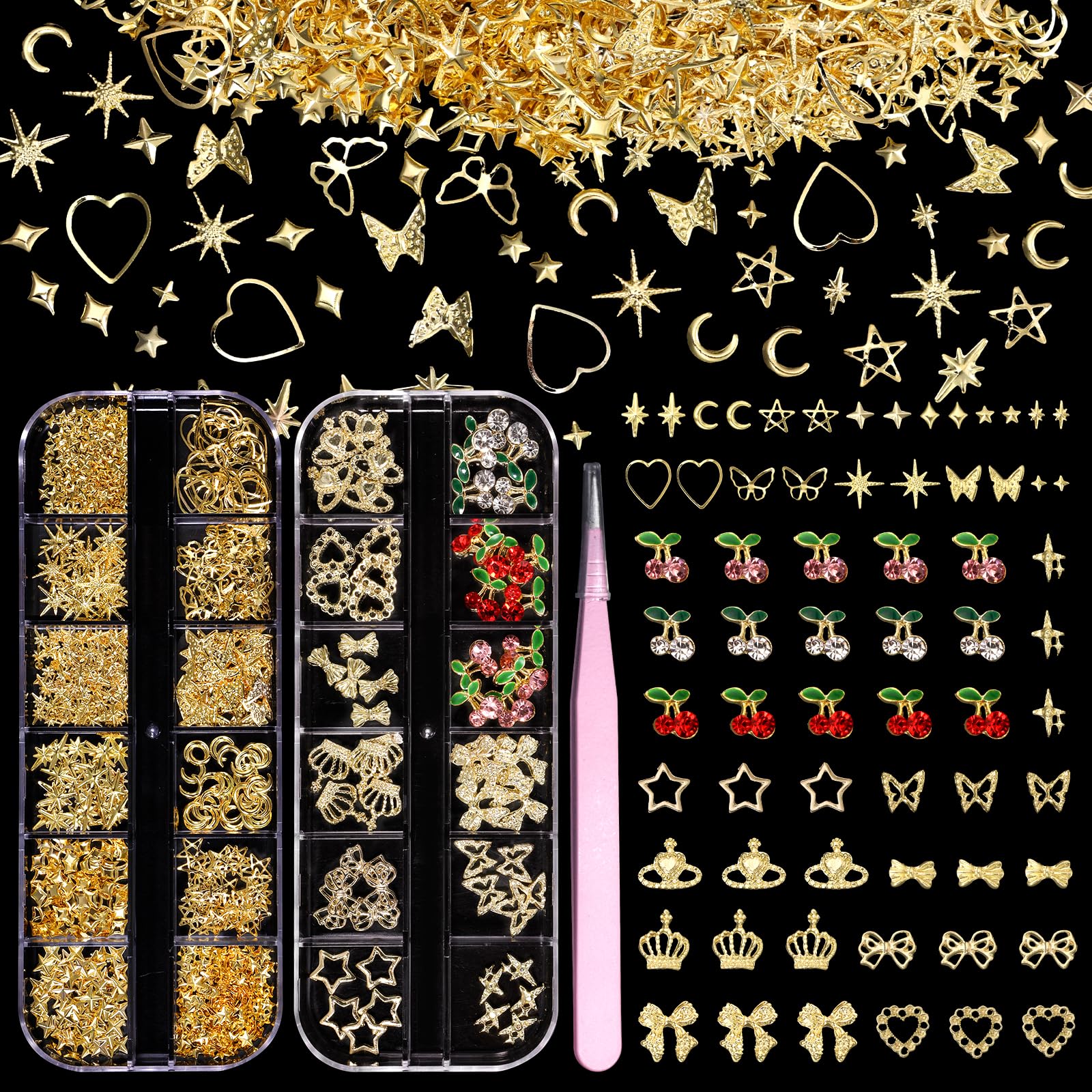 300 Pcs Gold Nail Charms Set - Cherry, Bow, Star, Heart, Cross, Butterfly & Crown Nail Art Studs for DIY Y2K Nail Decor | Perfect for Manicures, Nail Extensions & Festival Nail Designs