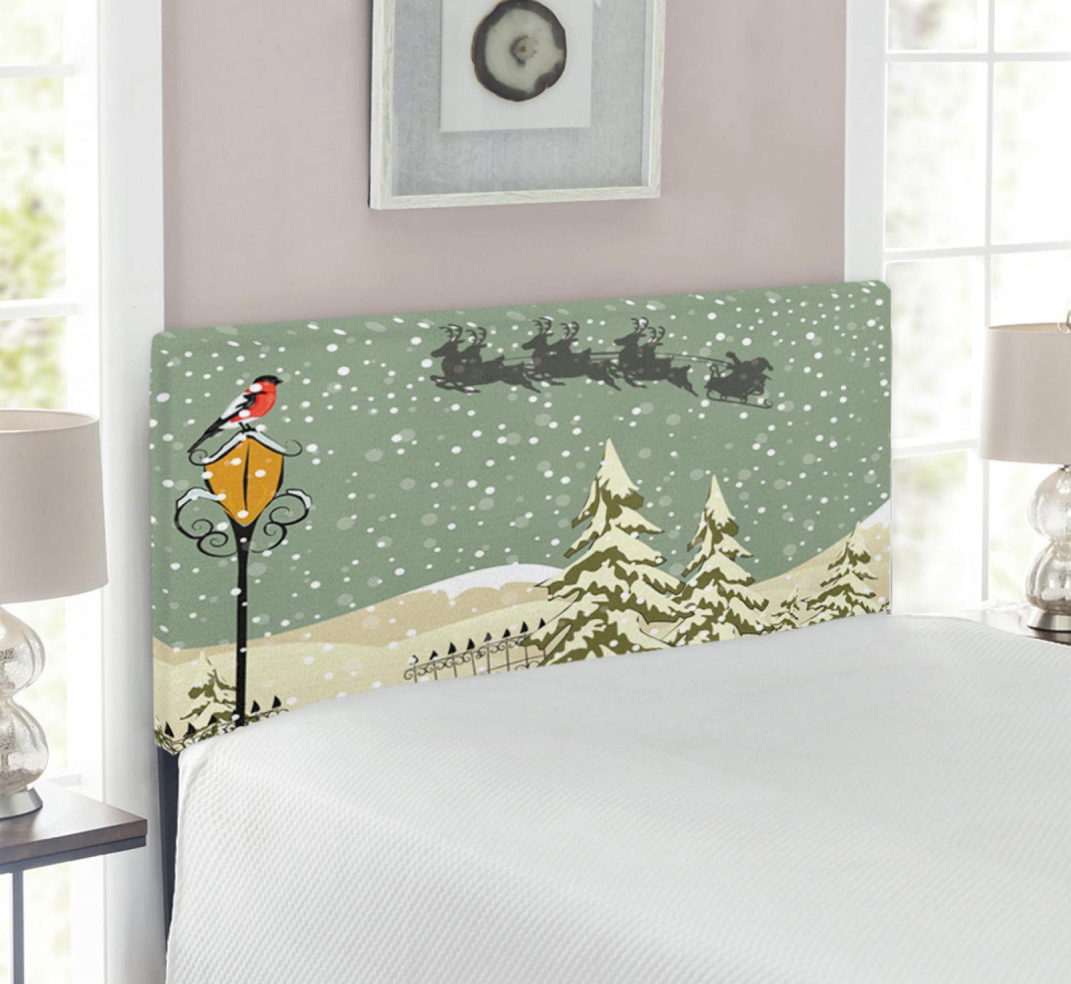 Ambesonne Christmas Headboard - Santa Claus Flying Reindeer Winter Design, Upholstered Metal Bed Frame with Memory Foam, Twin Size in Beige Green White | Perfect for Holiday Bedroom Decor & Seasonal Home Styling