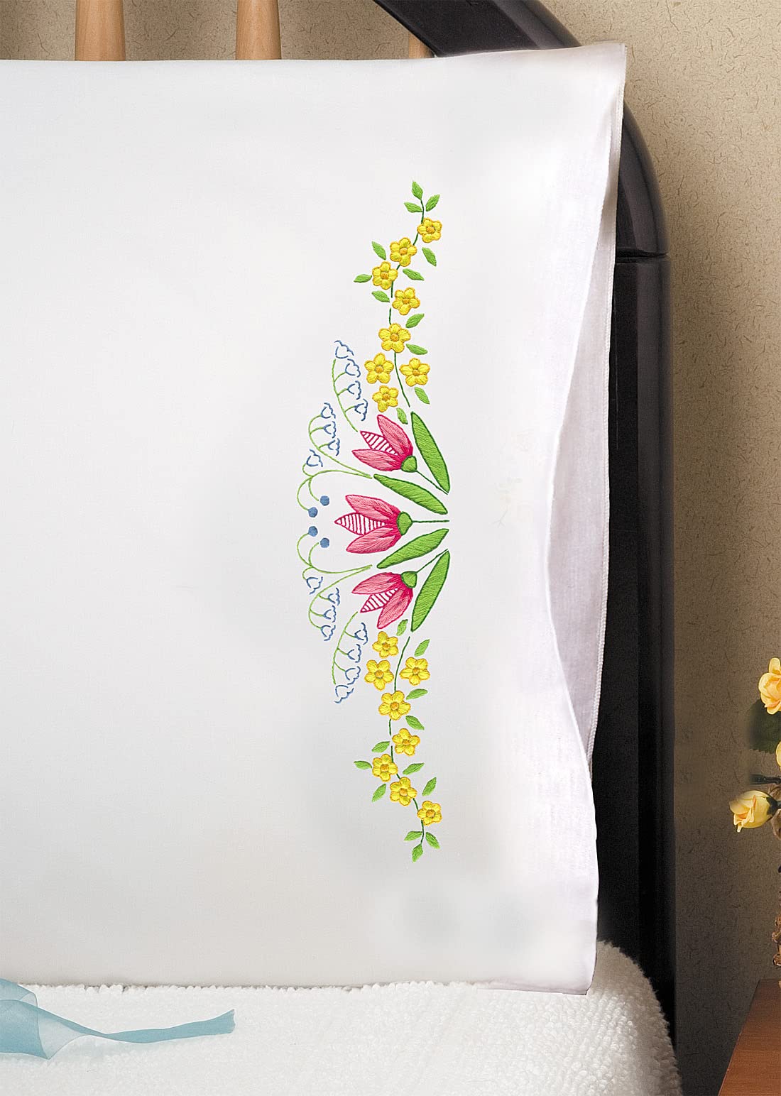Tobin Tulip Time Stamped Embroidery Pillowcases - Elegant Floral Design for Home Decor, Bedroom & Gift Giving