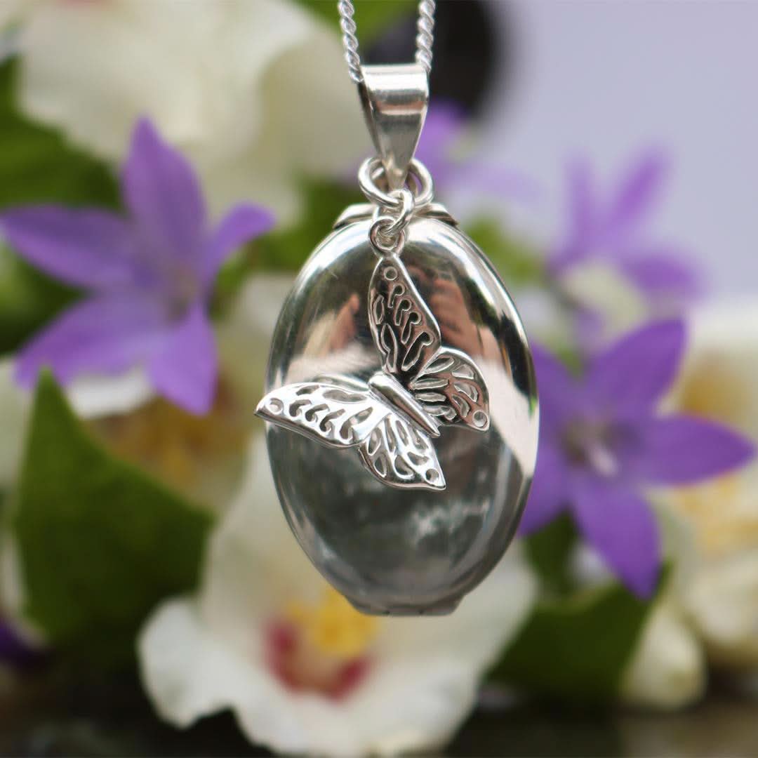 Elegant White Gold Four Photo Oval Butterfly Locket Necklace - Perfect for Valentine's Day, Anniversary & Mother's Day Gifts