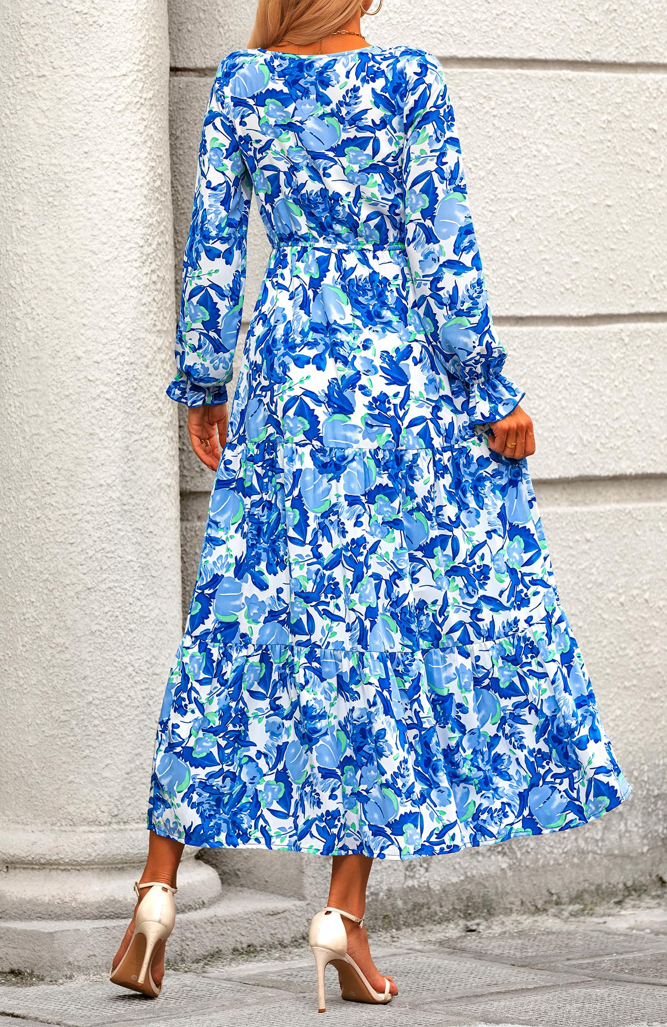 BTFBM Women's Floral Boho Maxi Dress 2025 - Long Sleeve V-Neck Casual Spring Dress for Wedding Guest, Beach, Party & Everyday Wear