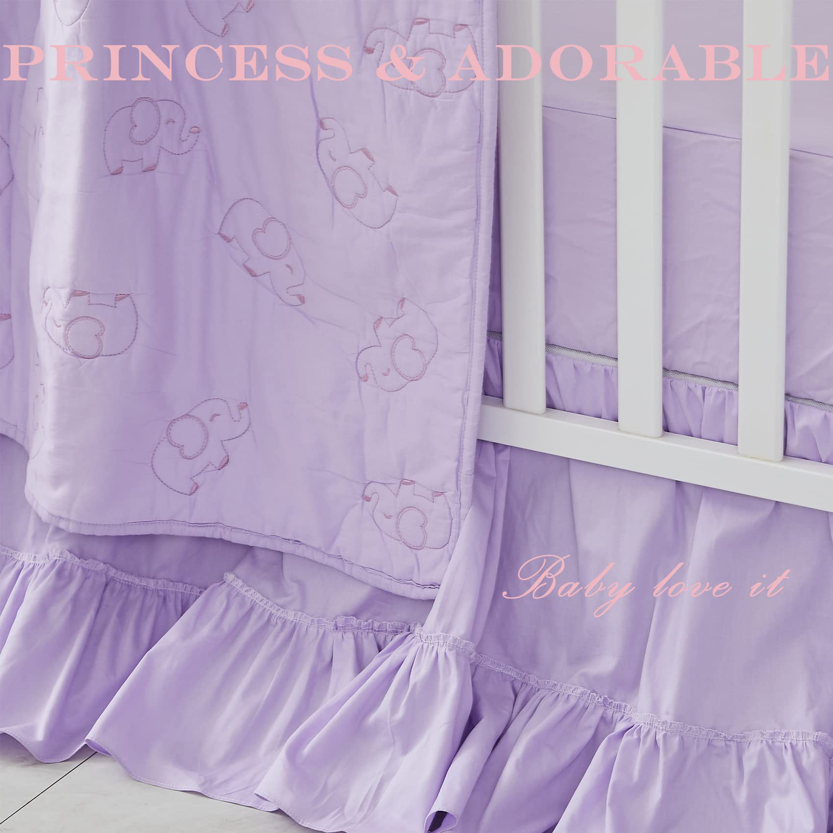 Brandream Purple Baby Girls 6-Piece Cotton Crib Bedding Set with Embroidered Elephant Quilt, Fitted Crib Sheet & Bed Skirt | Soft Nursery Bedding for Newborns & Toddlers | Perfect for Nursery Decor, Baby Showers & Gift Giving