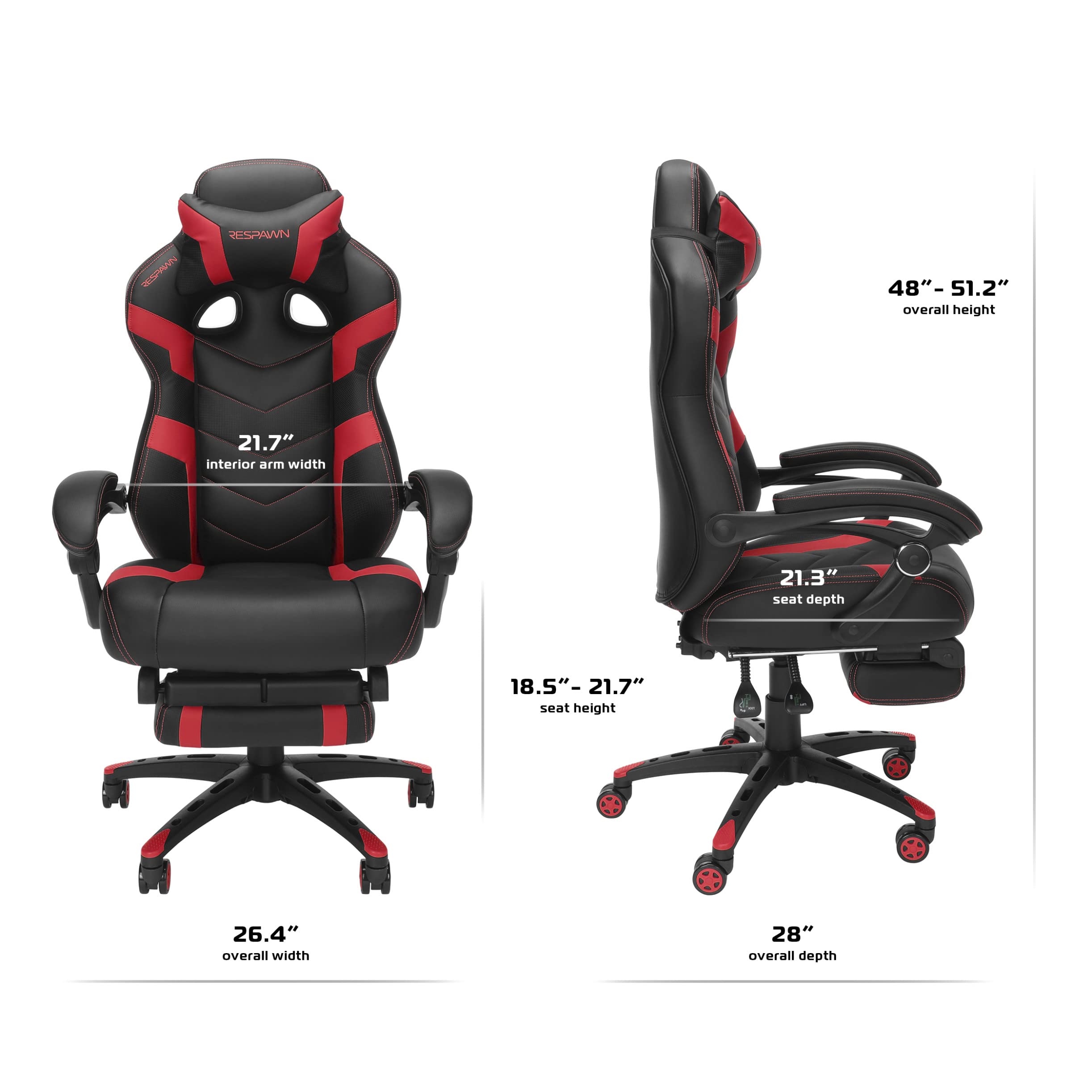 RESPAWN 110 Pro Ergonomic Gaming Chair with Adjustable Footrest & Headrest - Reclining Computer Desk Chair for Adults - Perfect for PC Gaming, Office Work & Home Entertainment (Red)