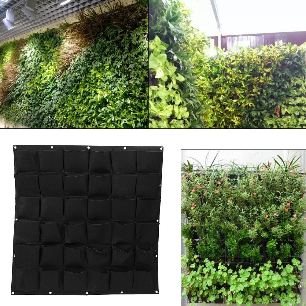 36-Pocket Vertical Wall Mounted Grow Bags - Hanging Planters for Flowers, Herbs & Vegetables - Outdoor Garden, Balcony & Patio Greening - Felt Planter Pouches for Small Space Gardening (Black)