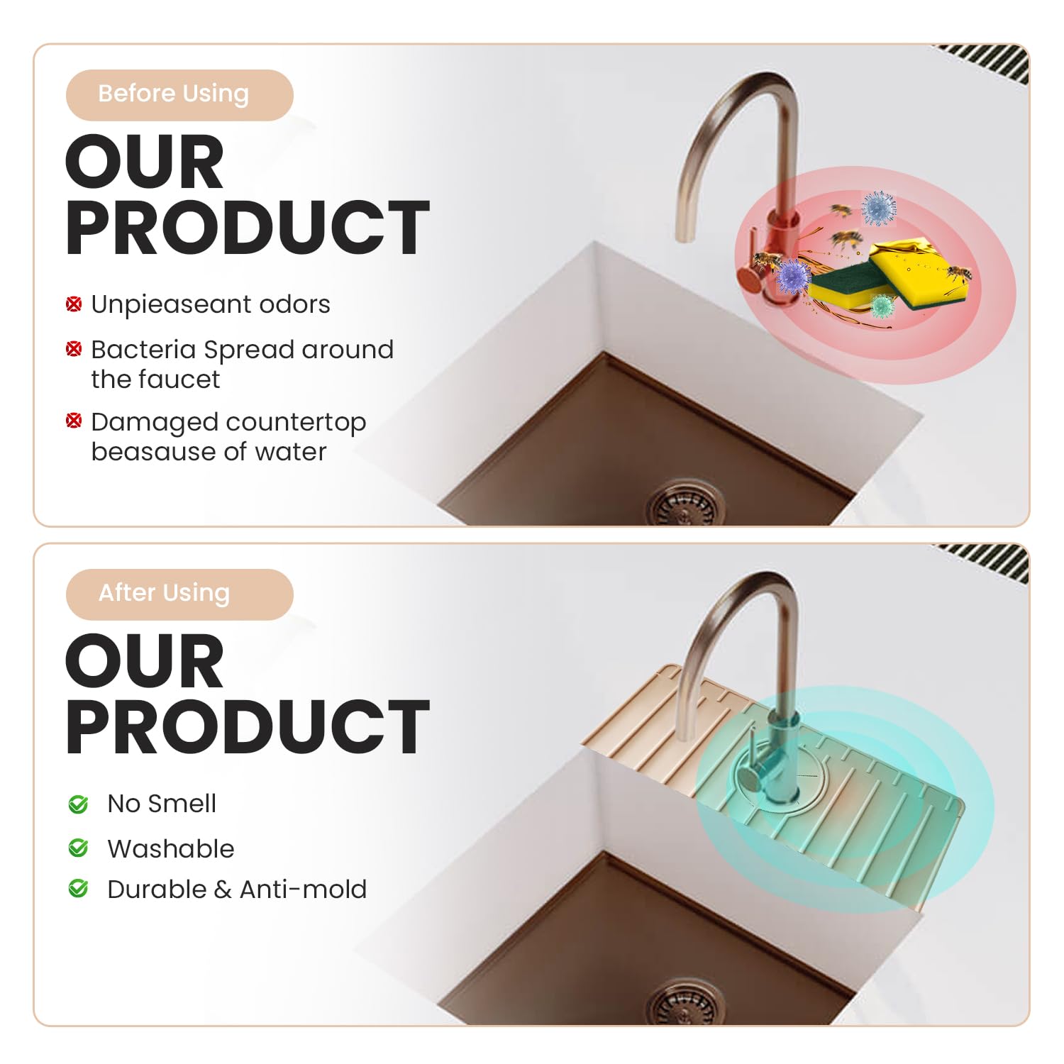 **Silicone Kitchen Faucet Splash Guard & Drip Catcher Tray - Non-Slip Sink Mat Protector for Leak Prevention - Perfect for Stainless Steel Sinks, Dishwashing & Countertop Protection**