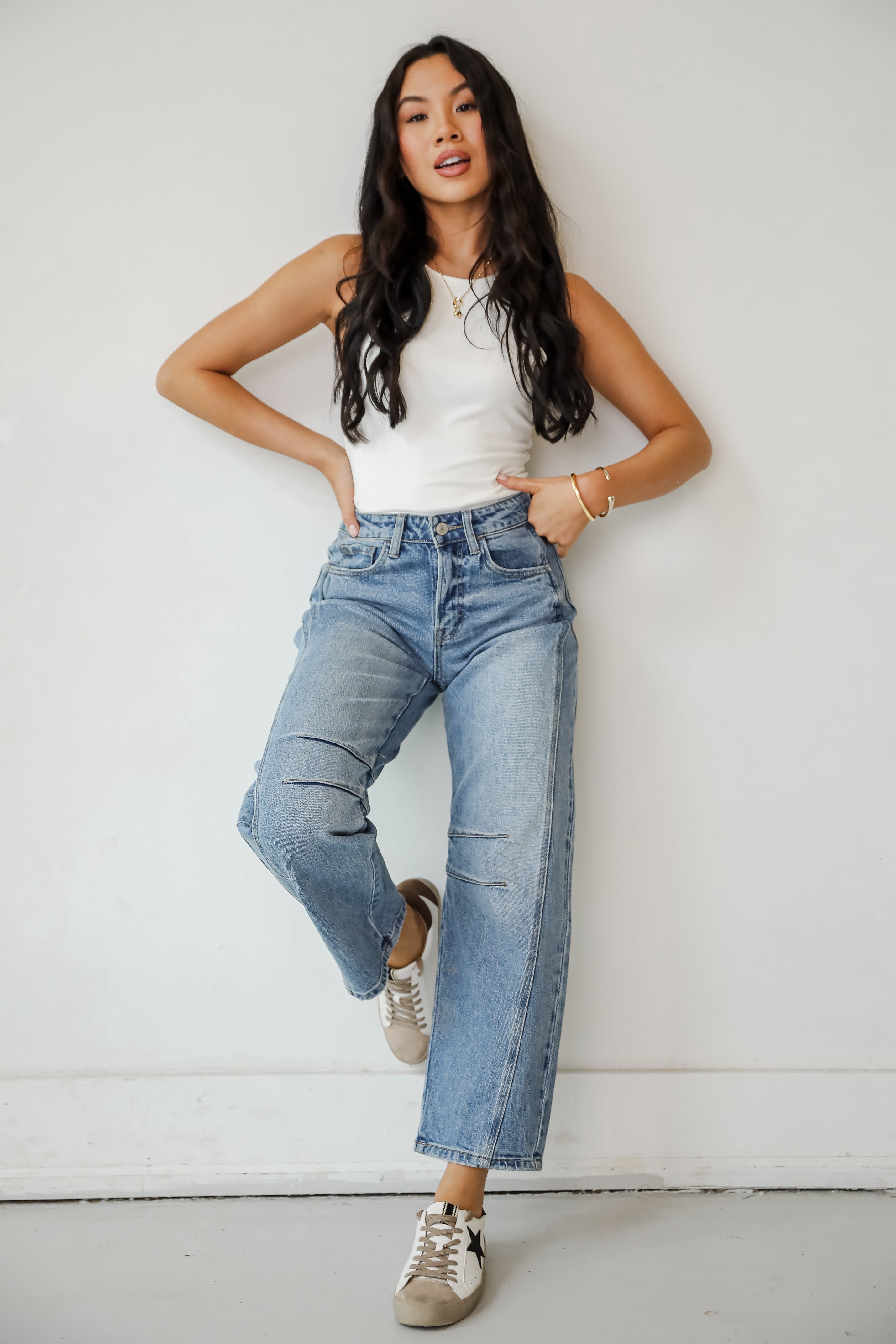 Addy Medium Wash High Rise Barrel Jeans for Women - Vintage Inspired Stretch Denim Pants for Casual Wear & Everyday Outfits