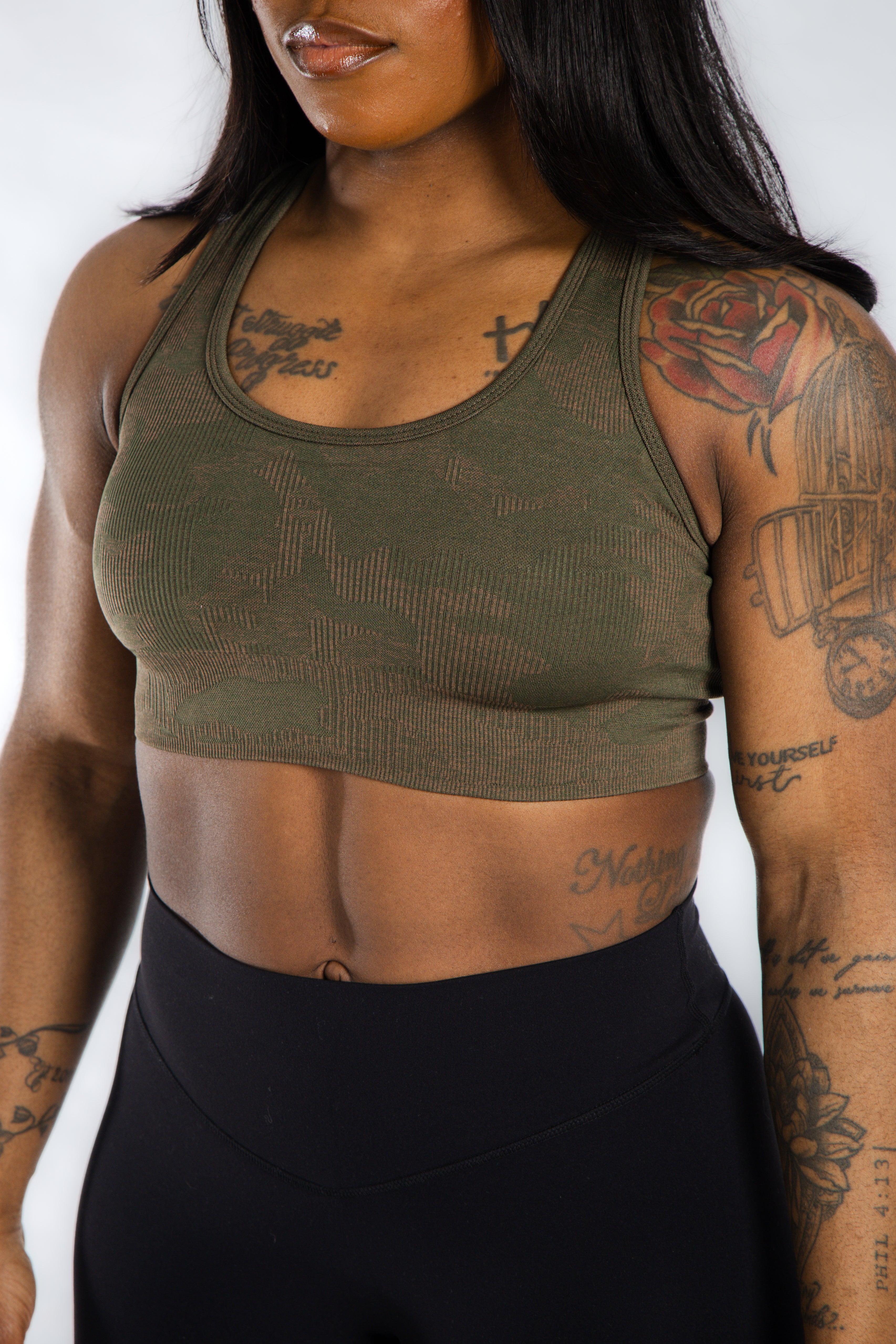 Seamless Bra for Women - Green & Brown Camo Pattern - Comfortable Wireless Support for Yoga, Workout & Everyday Wear