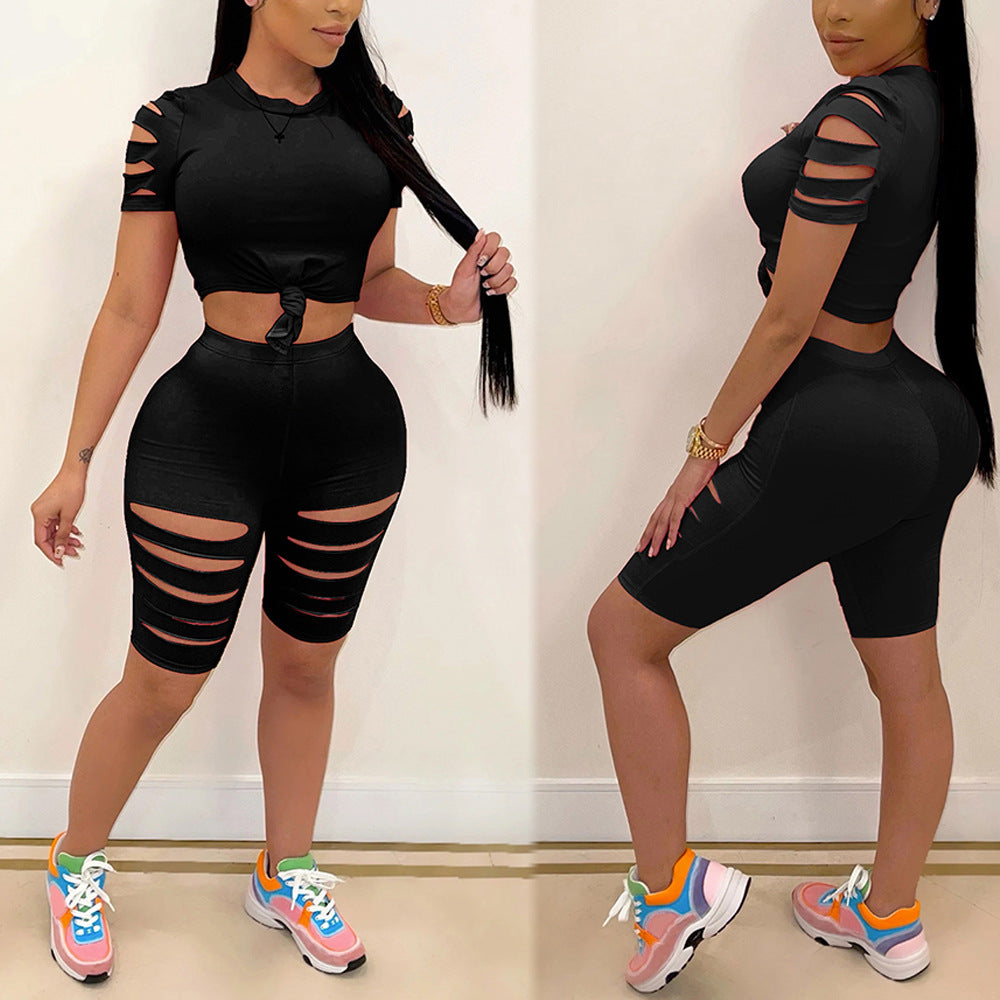 Trendy Casual Women's Sports Suit with Distressed Hole Design - Perfect for Gym, Yoga & Streetwear Fashion