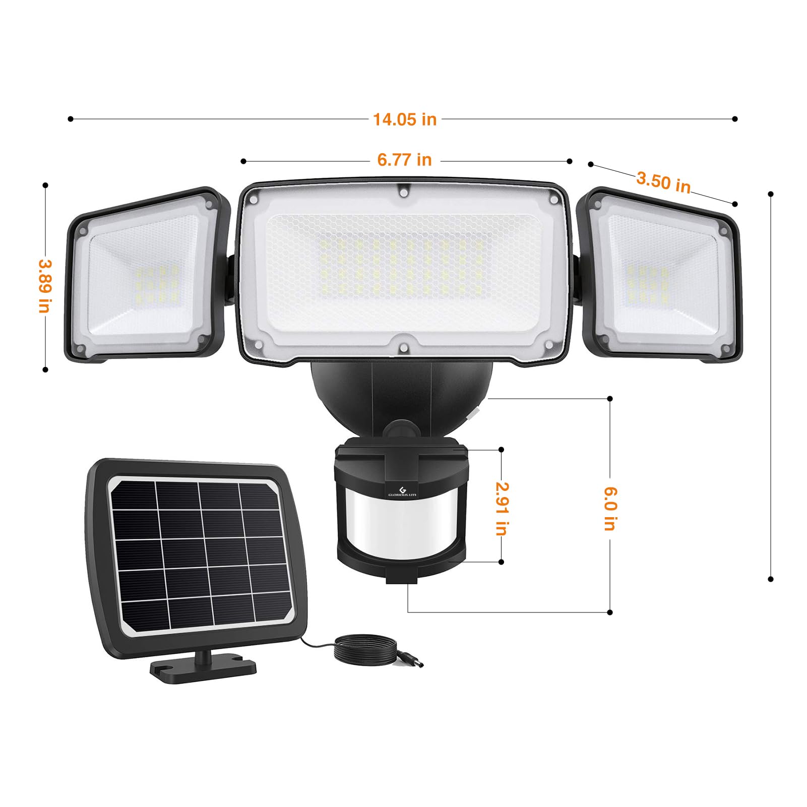 Glorious-Lite 1600LM Solar Motion Sensor Lights Outdoor - 3 Adjustable Heads, 5500K Daylight, IP65 Waterproof LED Flood Light for Backyard, Pathway, Patio & Security - Perfect for Nighttime Safety and Landscape Lighting