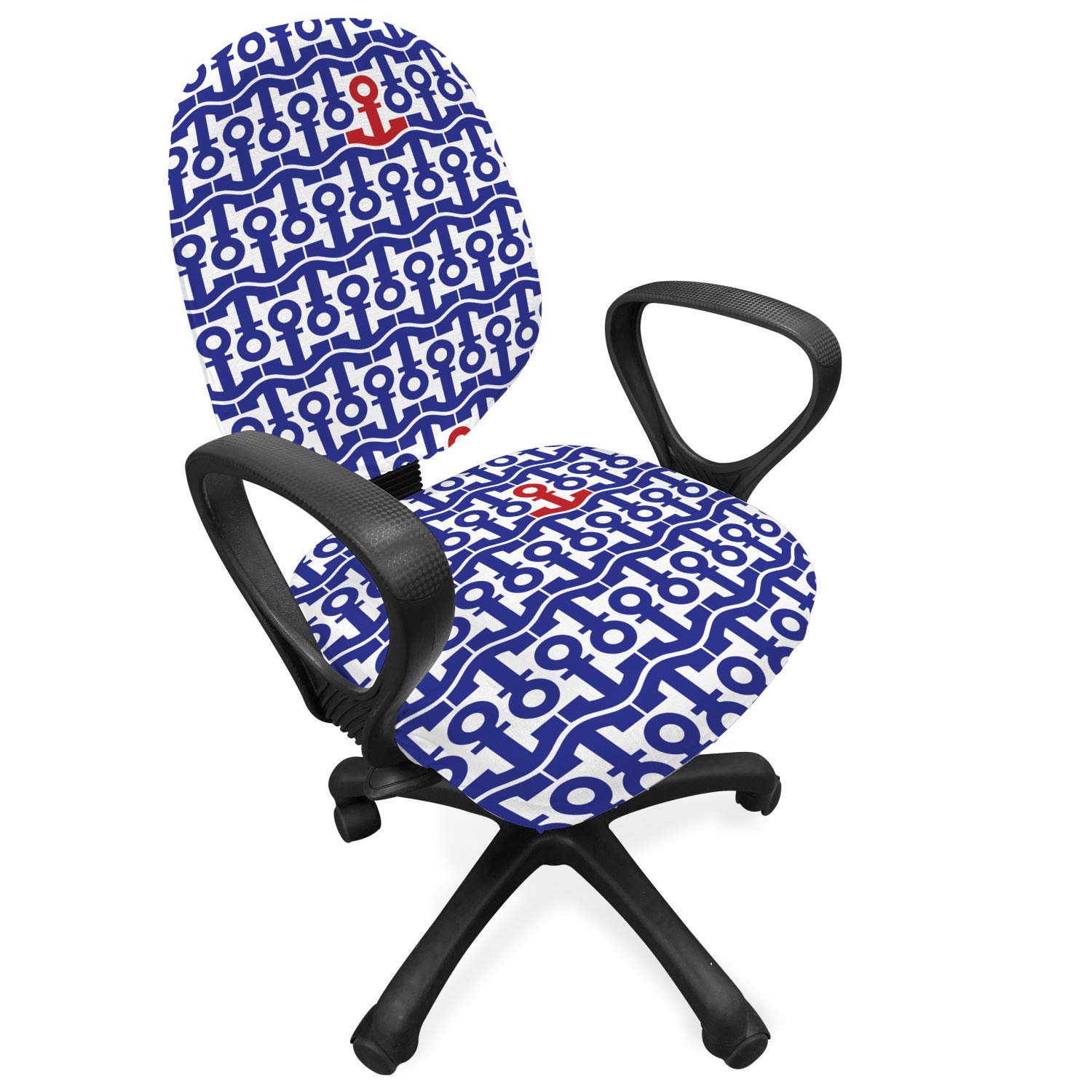 Ambesonne Nautical Office Chair Slipcover - Marine Anchors & Ship Journey Design, Stretchable Washable Fabric Cover for Standard Chairs, Navy Blue & Red - Perfect for Home Office, Gaming Chair, or Boat-Themed Decor
