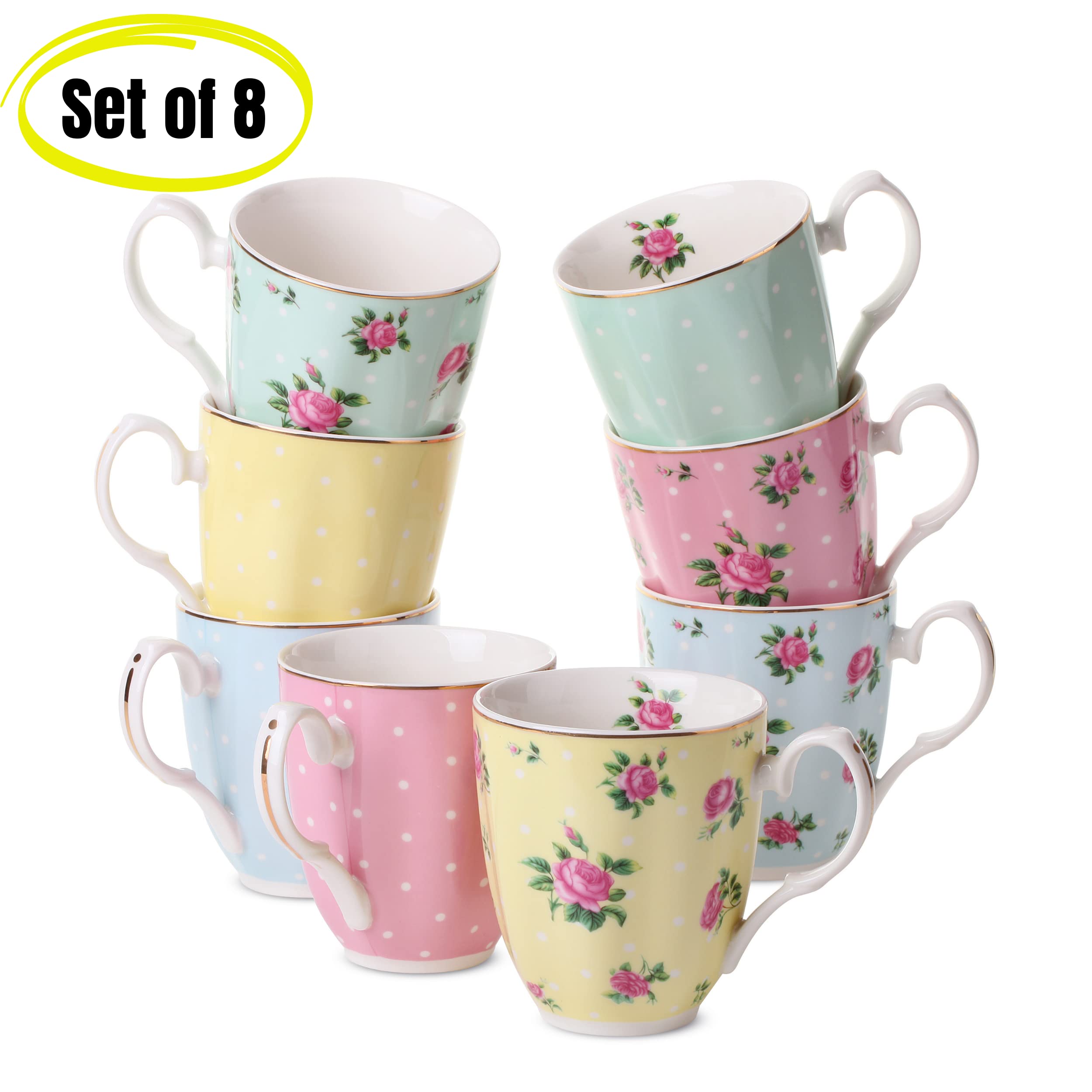BTaT Royal Floral Coffee Mugs Set of 8 - 12 oz Porcelain Bone China Tea & Coffee Cups for Home, Office, Gifts - Elegant Large Mugs for Morning Coffee, Afternoon Tea, and Entertaining Guests
