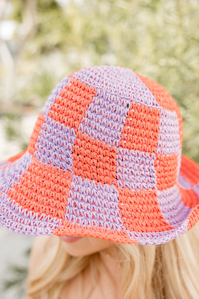 Orange and Pink Checkered Crochet Bucket Hat for Women - Summer Beach Boho Fashion Accessory - Perfect for Outdoor Festivals, Vacations, and Street Style