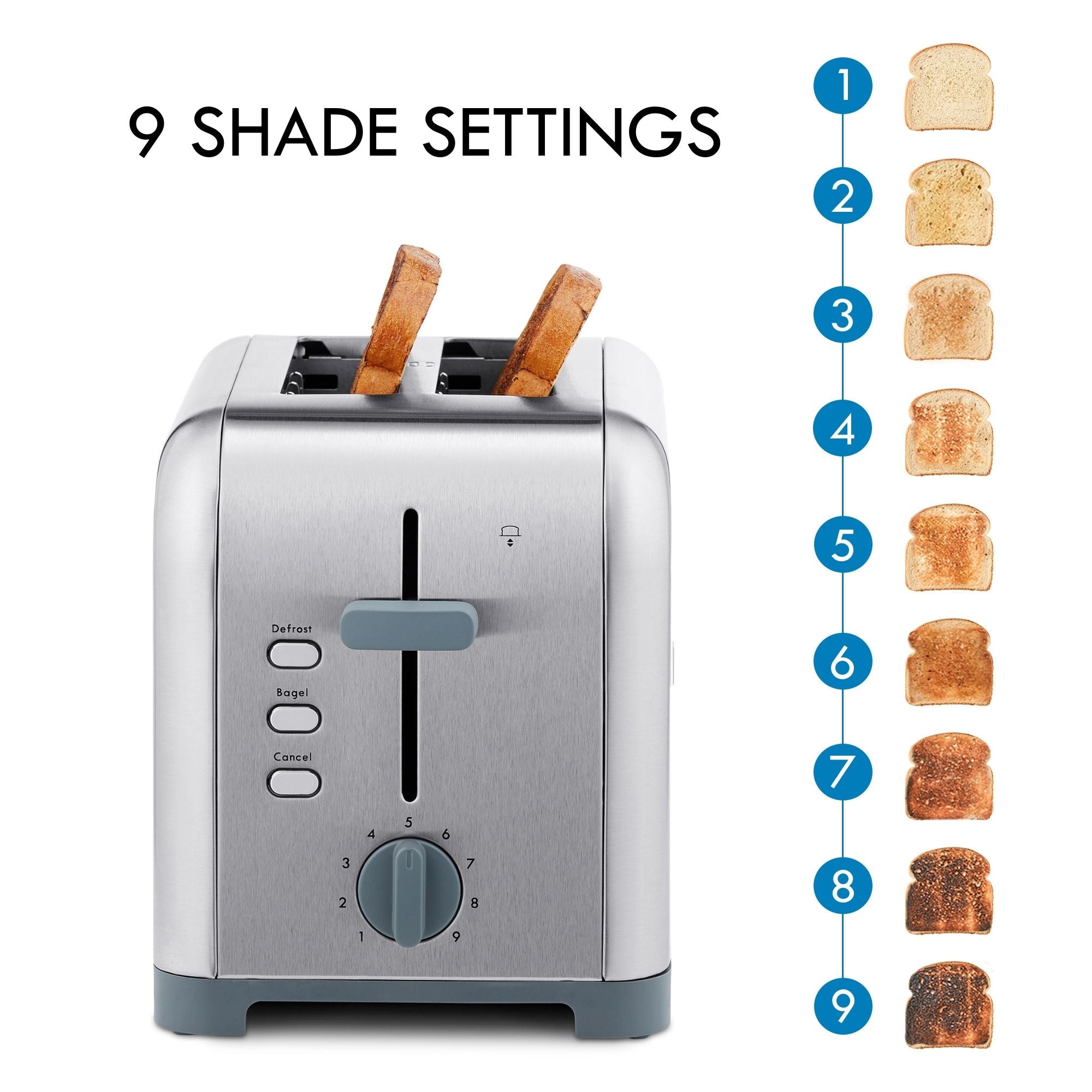 Kenmore 2 Slice Stainless Steel Toaster with Extra Wide Slots - Bagel & Defrost Functions, 9 Browning Levels, Removable Crumb Tray - Perfect for Bread, Toast, English Muffins & Toaster Strudel - Ideal for Breakfast, Kitchen & Small Spaces