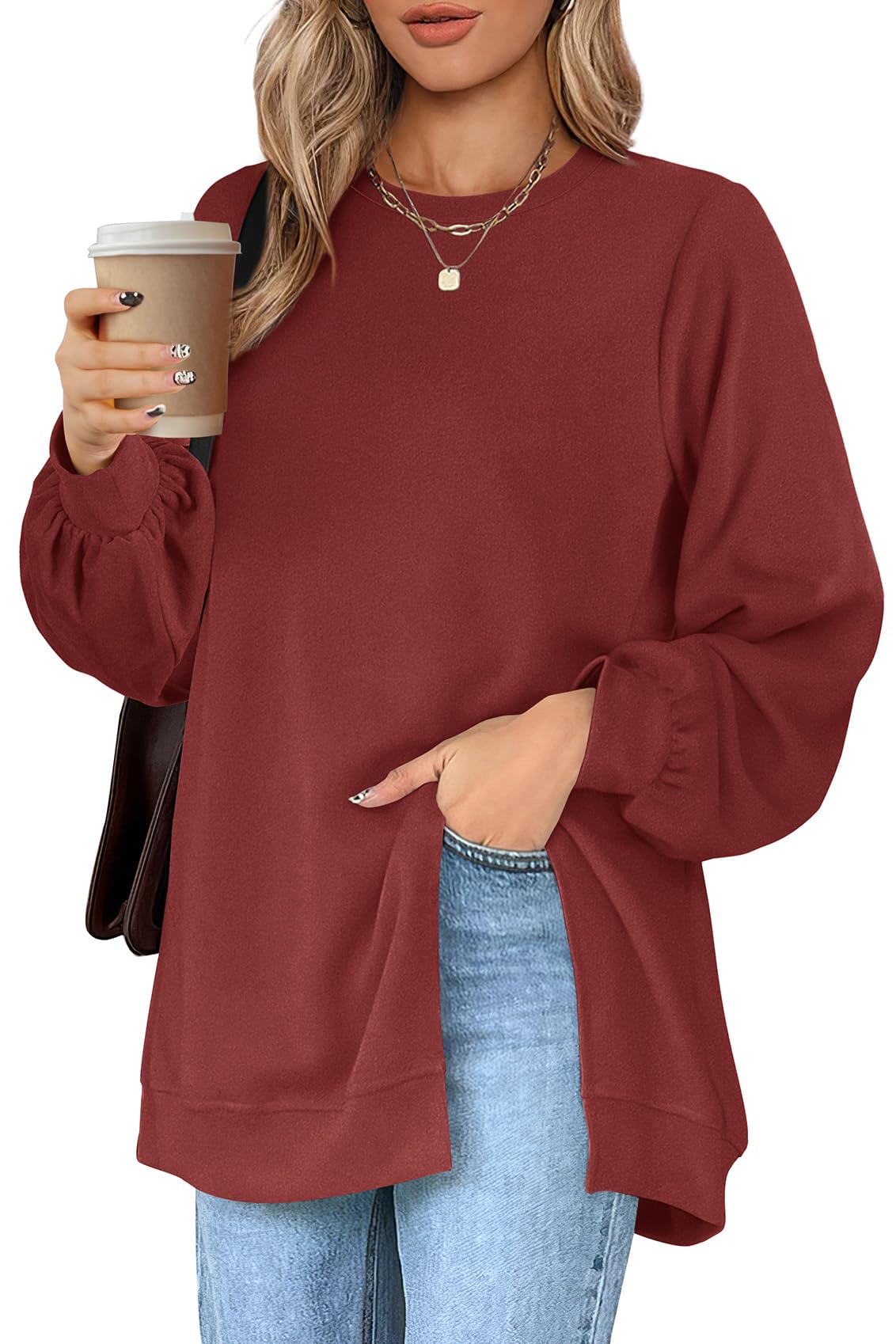 WIHOLL Women's Crew Neck Balloon Sleeve Split Hem Sweatshirt - Stylish Casual & Dressy Tops for Fall, Winter, Office Wear & Weekend Outfits