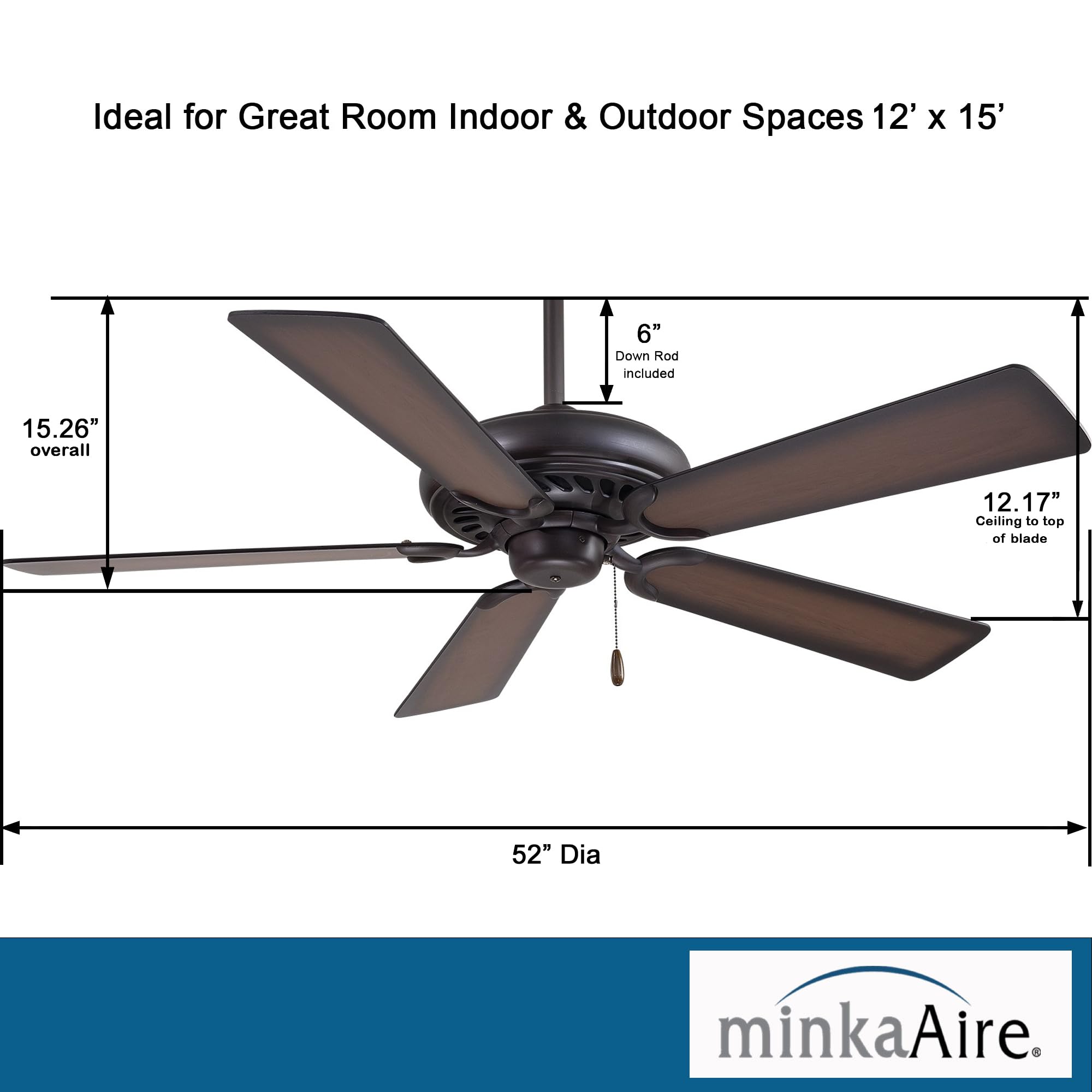 Minka-Aire F568-KA Supra 52 Inch Ceiling Fan with Pull Chain - Kocoa Bronze Finish - Perfect for Living Room, Bedroom & Outdoor Spaces