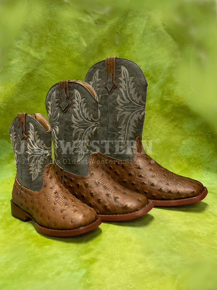 Roper 3378 Kids Faux Ostrich Western Boots for Boys & Girls - Navy & Brown Cowboy Boots - Perfect for Rodeo, Halloween Costume & Western Party Outfits
