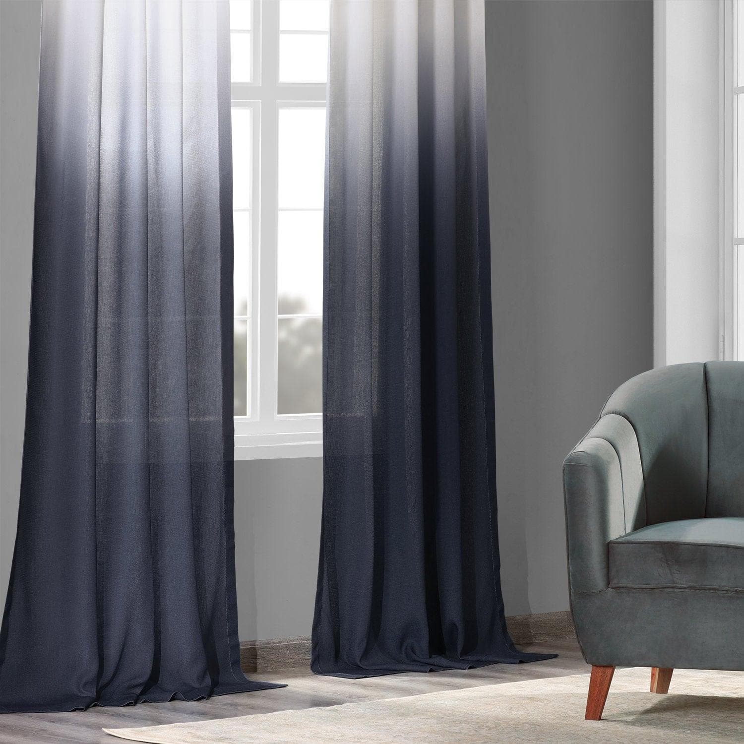 Blue Abstract Ombre Faux Linen Curtains - Modern Window Drapes for Living Room, Bedroom & Office - Light Filtering & Privacy Sheer Panels