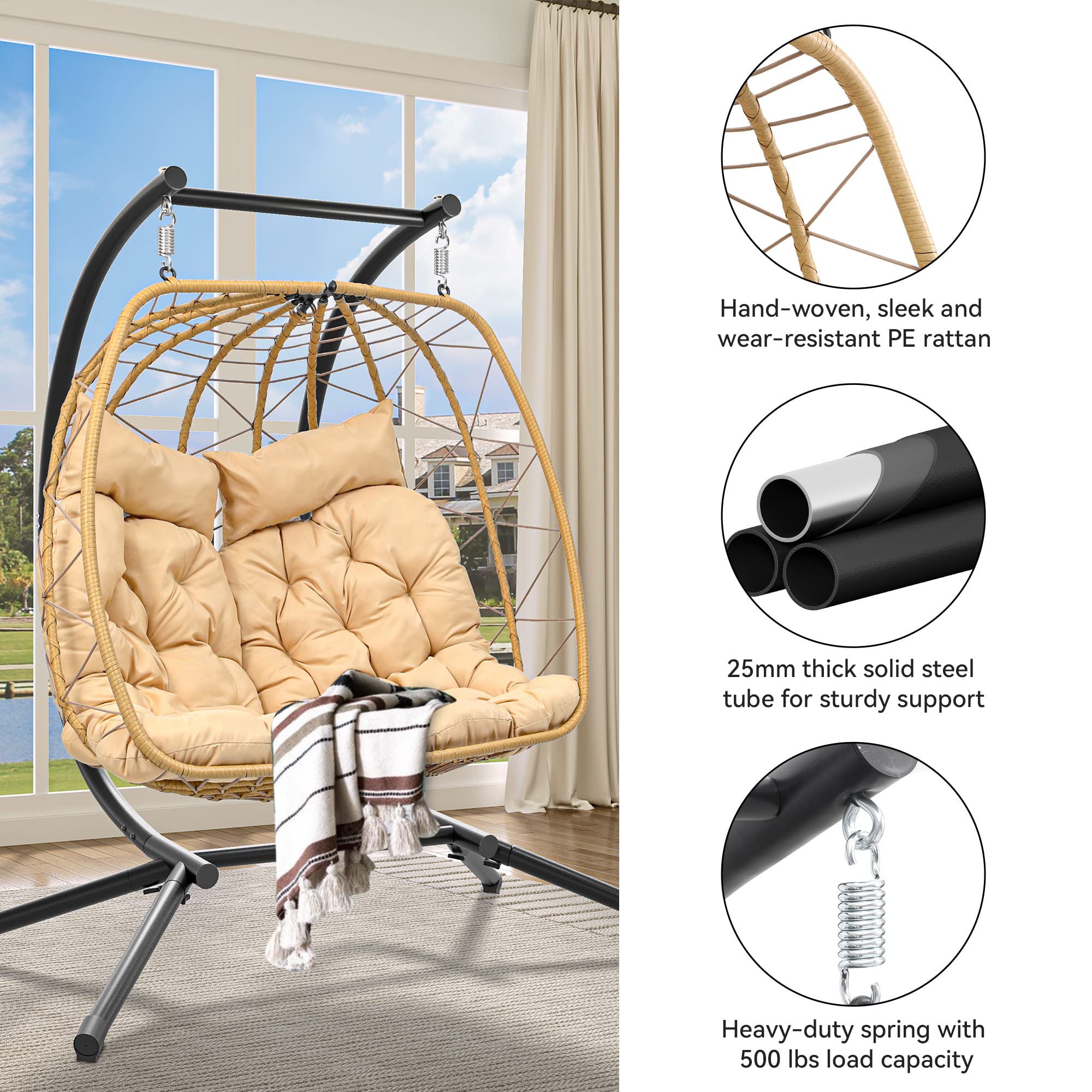 YITAHOME 2-Person Hanging Egg Chair Swing with Stand - 500lbs Capacity Wicker Hammock Chair for Outdoor & Indoor Use - Includes Cushions - Perfect for Patio, Garden, Bedroom, Balcony - Beige - Relaxation & Boho Home Decor