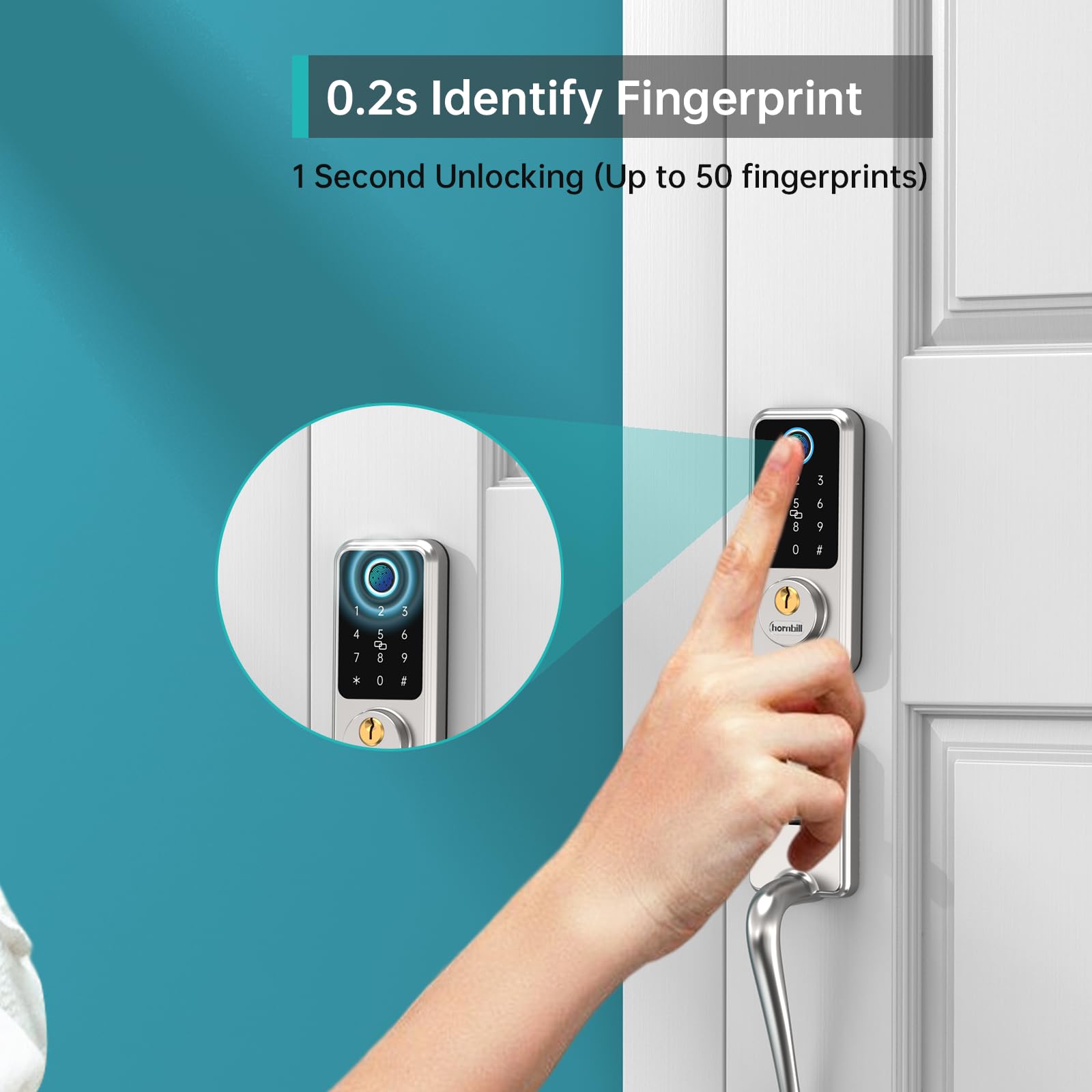 Hornbill Biometric Fingerprint Smart Lock with Front Door Handle Set - Keyless Entry Smart Door Lock with Keypad & Bluetooth - 8-in-1 Smart Deadbolt for Home Security - Auto Lock Digital Smart Door Lock for Front Door, Apartment & Office Access