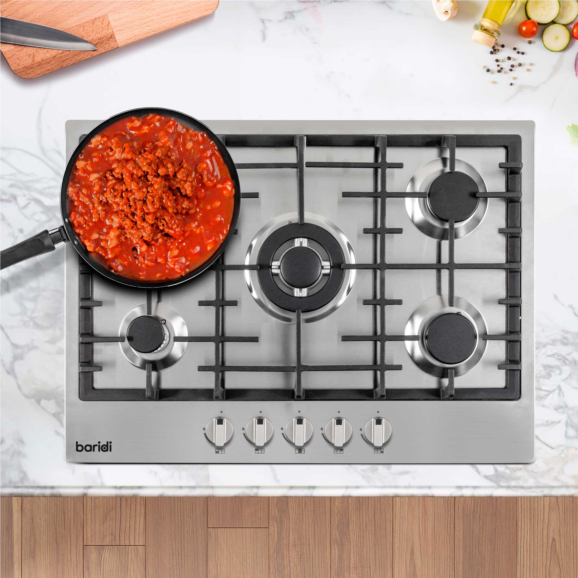 Baridi 70cm Built-In Gas Hob with 5 Burners & Cast Iron Pan Supports - Stainless Steel Cooktop DH227 | Perfect for Home Kitchens, Restaurants & Outdoor Cooking