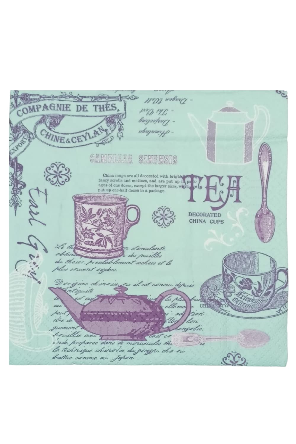 Premium 3-Ply Printed Tea Cup Design Tissue Napkins - Aqua Blue, Pack of 20 | Soft Disposable Dinner Napkins for Home, Kitchen, Cocktail Parties & Elegant Dining Events