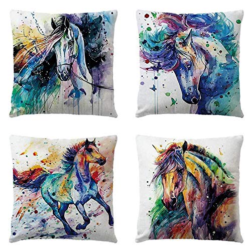 VenusL Set of 4 Indian Feather Horse Throw Pillow Covers - 18x18 Inch (45x45cm) Cotton Linen Decorative Pillow Cases with Colorful Oil Painting Design, One-Side Printed - Perfect for Bohemian Home Decor, Living Room Sofa & Bedroom Accents