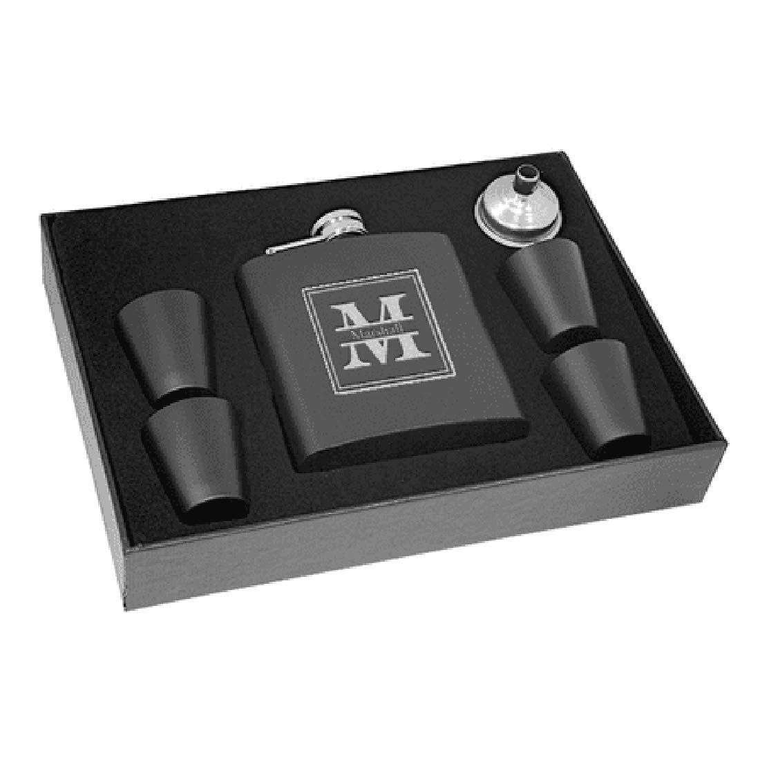 Premium Black Monogram Flask & Shot Glass Gift Set for Men - Personalized Engraved Executive Gift for Boss, Coworker, Father's Day, Retirement, Birthday - Perfect for Whiskey, Bourbon, Vodka & Outdoor Adventures