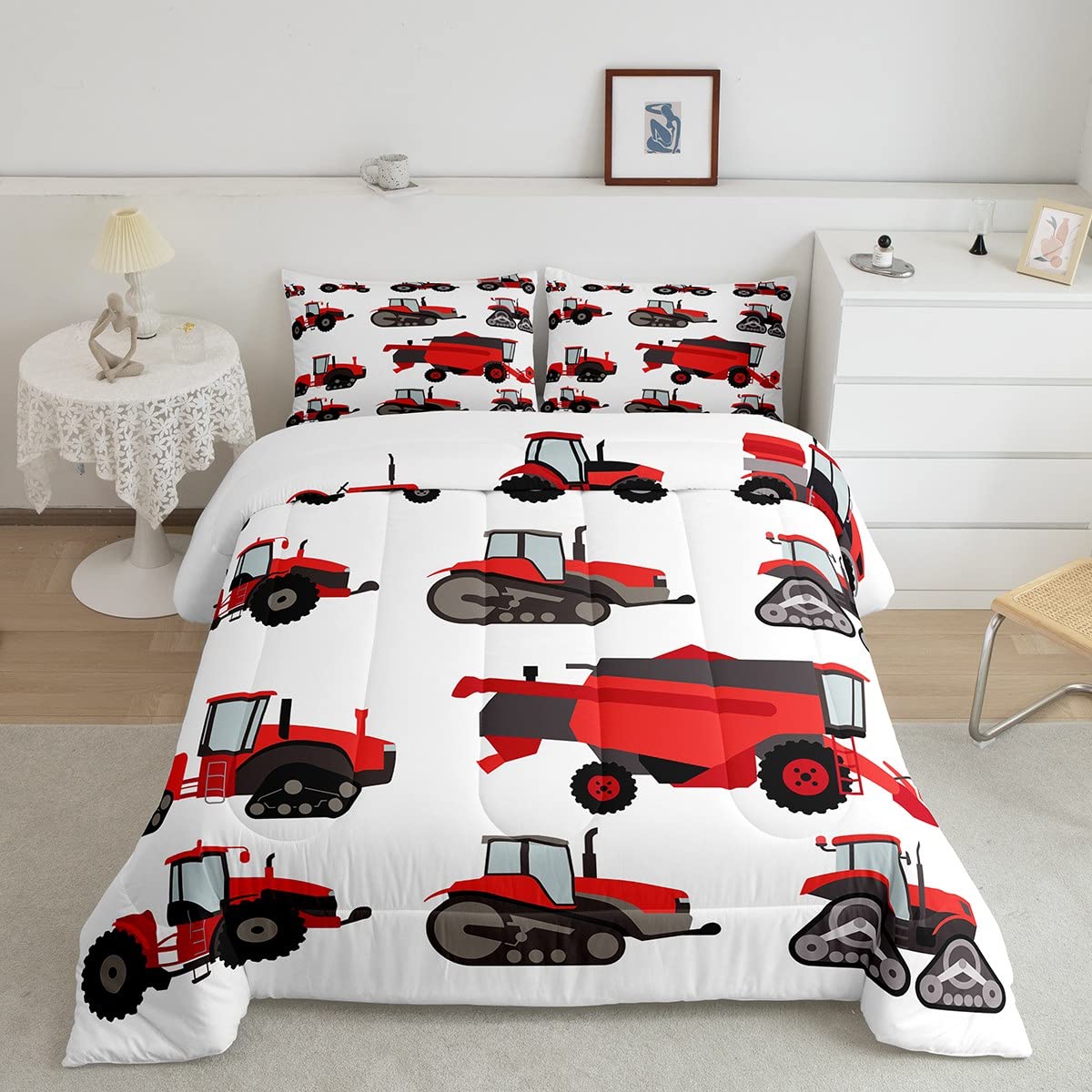 Feelyou Red Tractor Comforter Set - 3Pcs Queen Size Farm Equipment Bedding Collection with Harvester Design | Perfect for Boys' Room, Farmhouse Decor & Themed Bedrooms