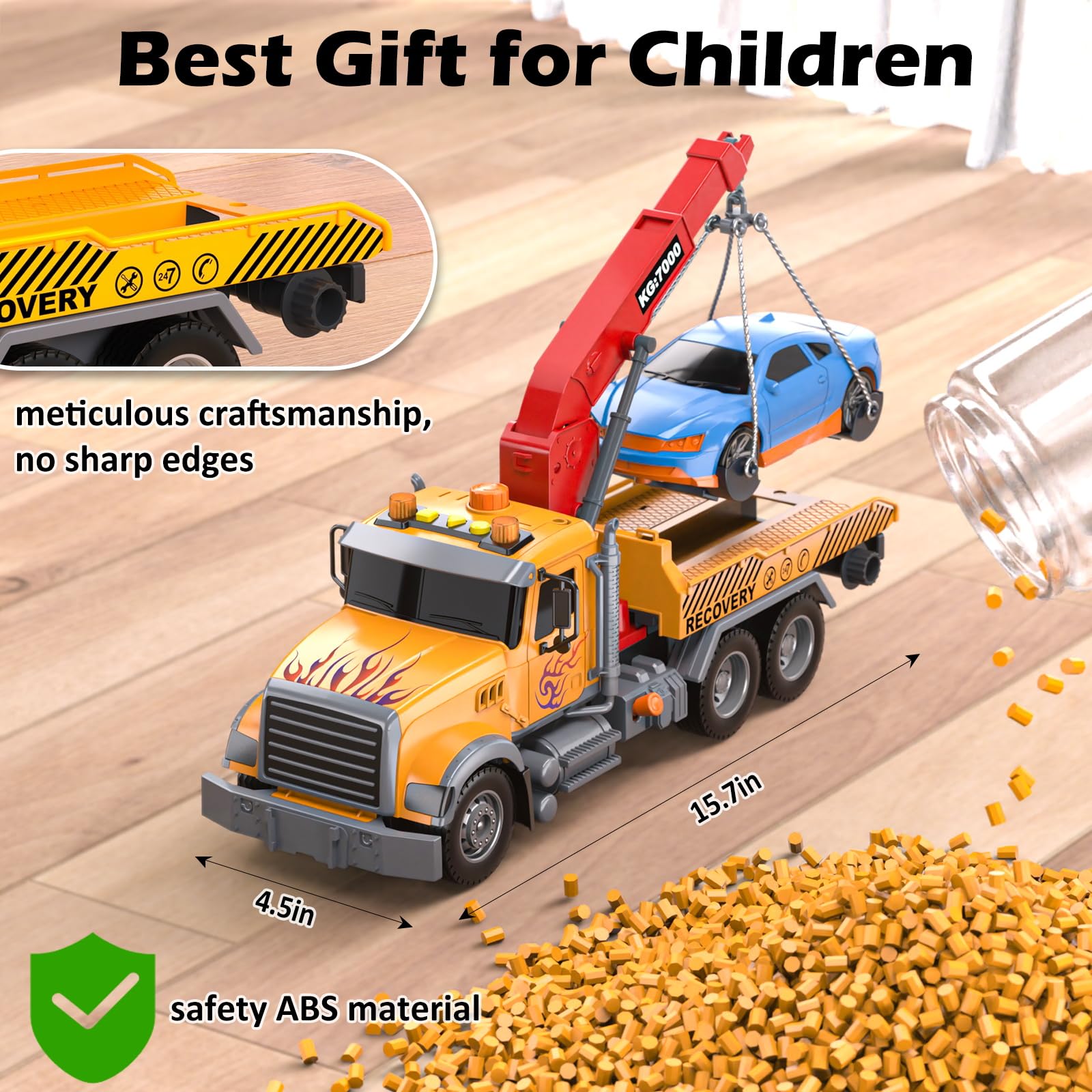 SS 15 Inch Big Tow Truck Toy with Friction Powered Transport & Crane - Realistic Lights & Sounds Pull Back Vehicle Set for Boys Age 4-7 - Includes Roadster with Hooks & Car - Perfect Birthday Gift for Kids (Orange) - Great for Pretend Play, Construction Scenes & Interactive Learning Activities