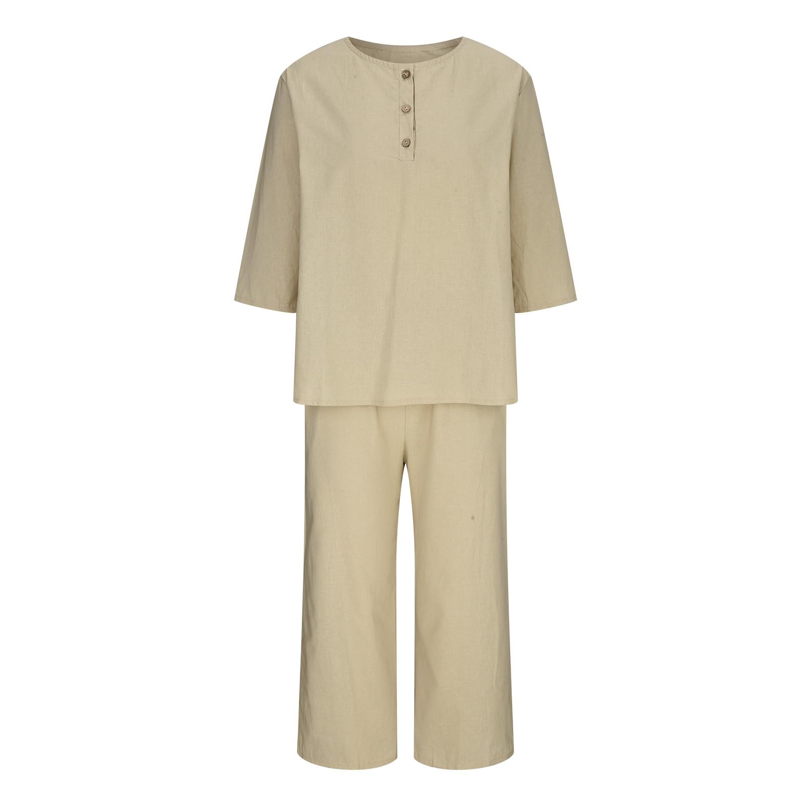 Oelaio 2024 Women's Plus Size Summer 2-Piece Outfit - Cotton Linen 3/4 Sleeve Shirt & Wide Leg Pants Lounge Set (Solid Colors) | Trendy Vacation Travel Outfit for Beach, Casual Wear & Relaxation
