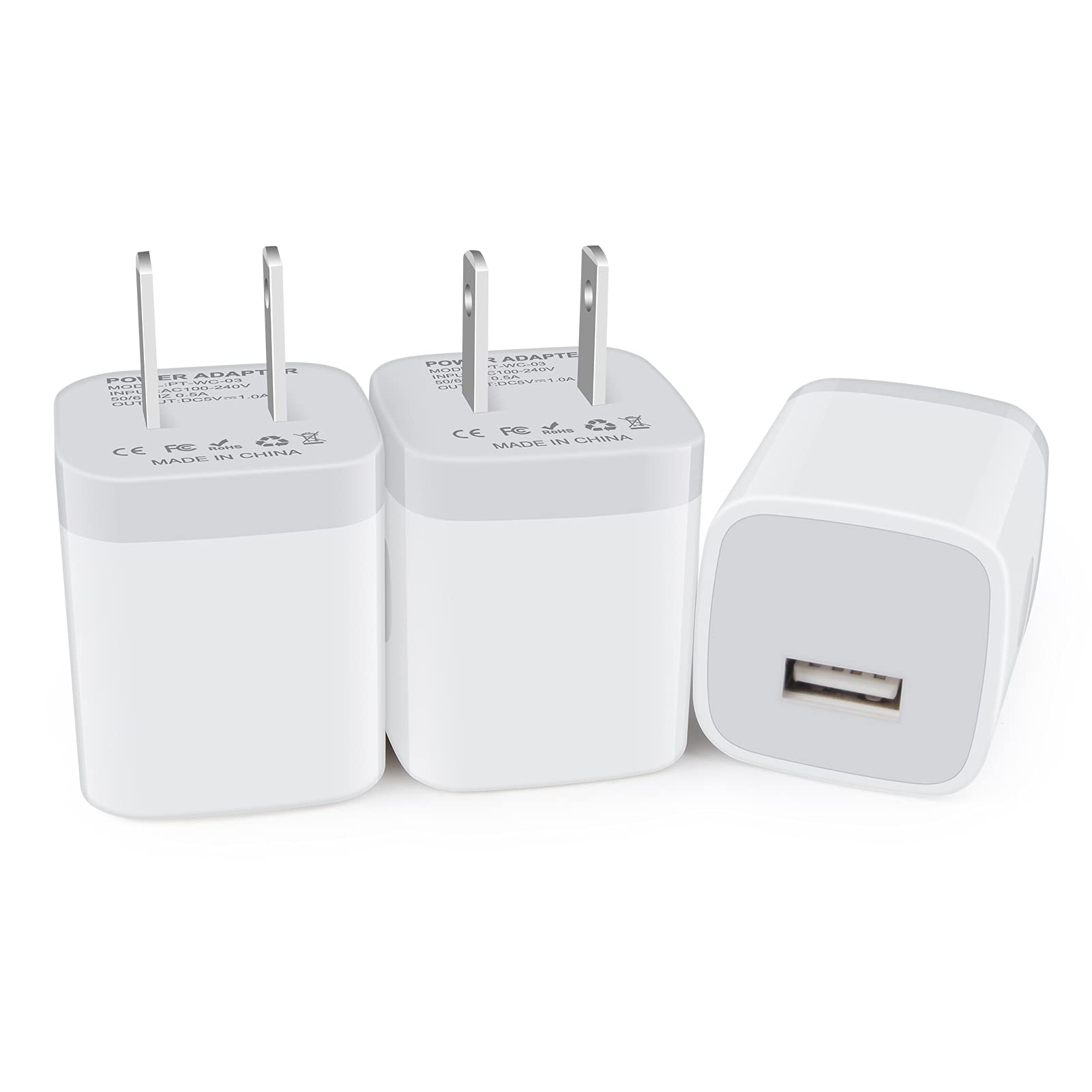3-Pack 5W Single Port USB Wall Charger Cube - Fast Charging Power Adapter Plug for iPhone Xs/SE/8/7/6s/5c, Moto G Stylus 5G/G Play (2021), Samsung Galaxy S22/A13/A03s/A12/A21/A22 - Perfect for Home, Office & Travel Charging Needs
