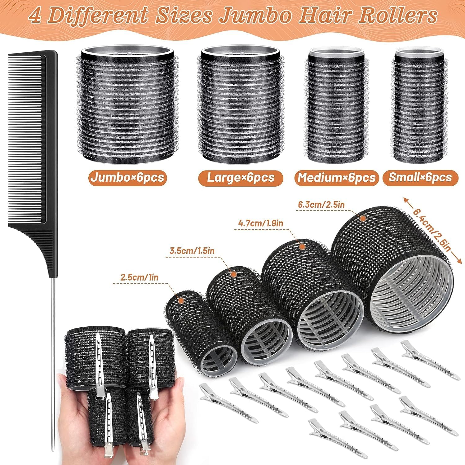 SIYAA Jumbo Heatless Hair Rollers Set - 24 PCS Self-Grip Curlers with 12 Clips (4 Sizes: Large/Medium/Small/Jumbo) for Long, Short, Thick & Fine Hair - Perfect for Overnight Styling, Salon Results at Home & Special Occasion Hairstyles