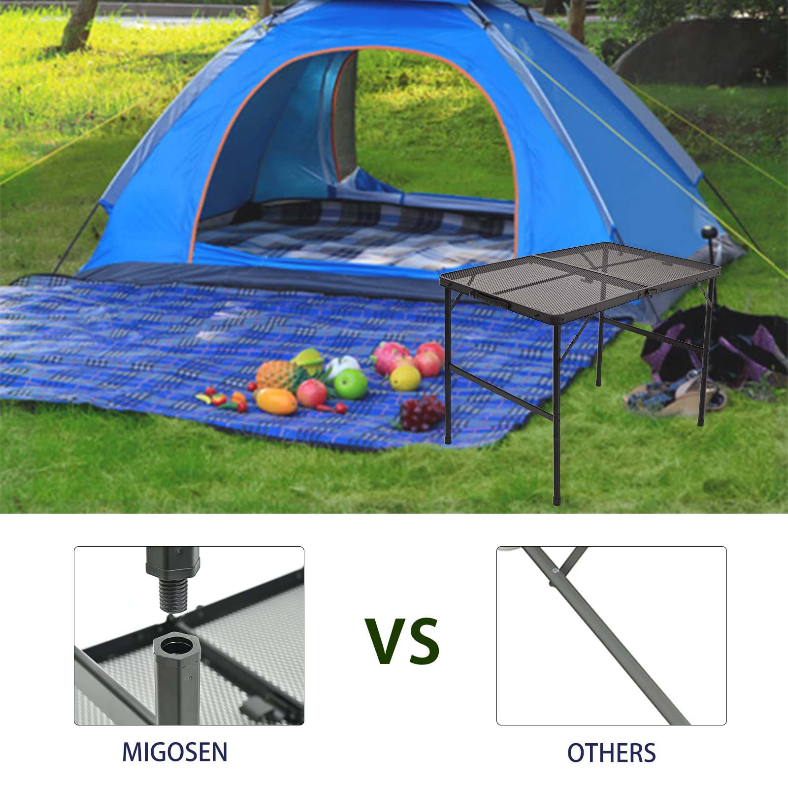 Portable Folding Camping Table with Adjustable Height & Mesh Desktop - Lightweight Picnic Table for Outdoor BBQ, Tailgating, Beach & Backyard (23.6