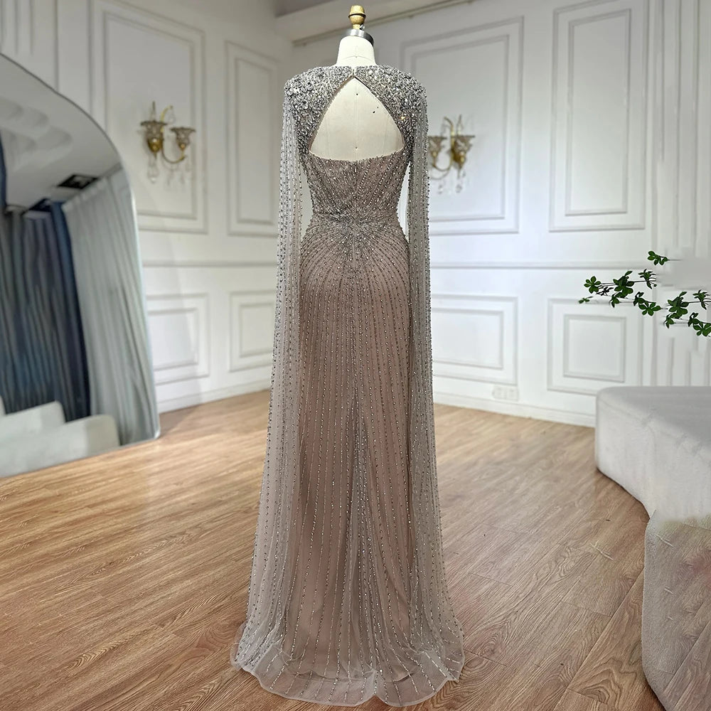 Luxury Dubai Arabic Silver Beaded Evening Gown for Women - Elegant Nude Cape Sleeves Wedding Party Dress LA72575 | Perfect for Bridal Showers, Red Carpet Events & Formal Occasions
