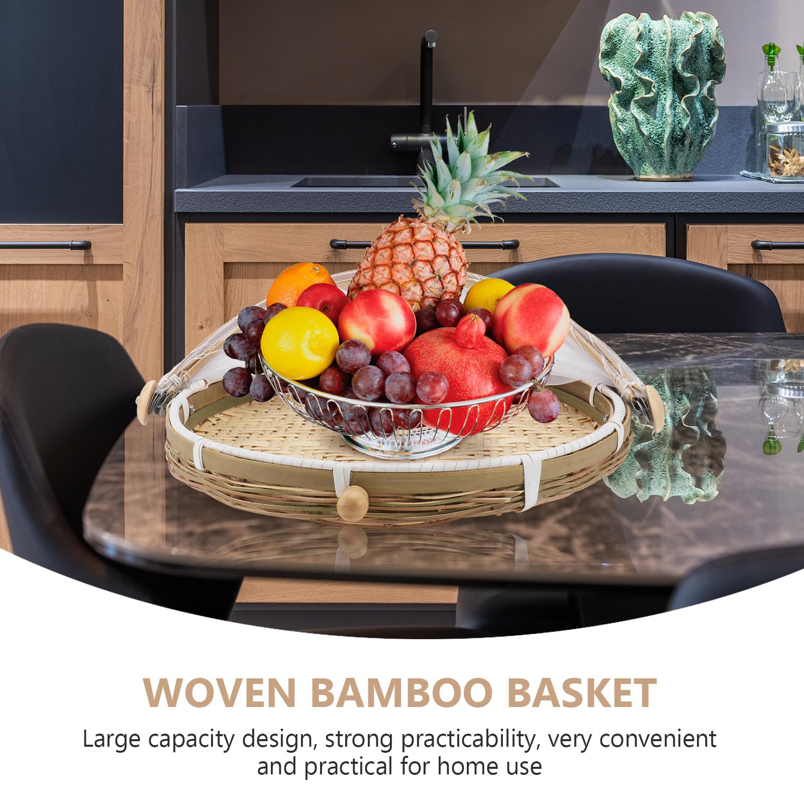 3-Piece Bamboo Food Serving Basket Set - Hand-Woven Round Picnic Basket with Mesh Cover for Vegetables, Fruits, Bread & Home Storage | Perfect for Outdoor Picnics, Party Serving & Kitchen Organization