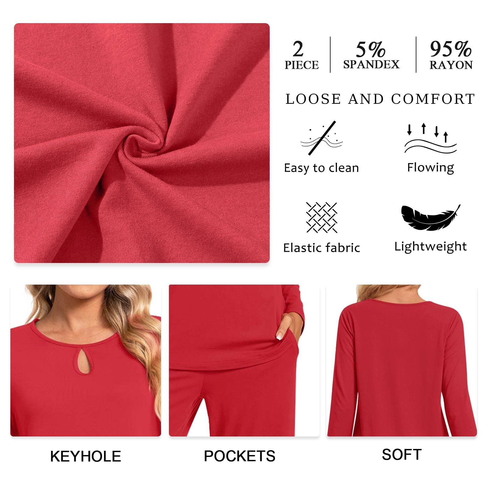 Aodemo Women's 2 Piece Pajama Set - Long Sleeve Keyhole Sleepwear with Pockets - Soft Lounge Pjs for Fall & Winter - Perfect for Sleeping, Lounging & Travel